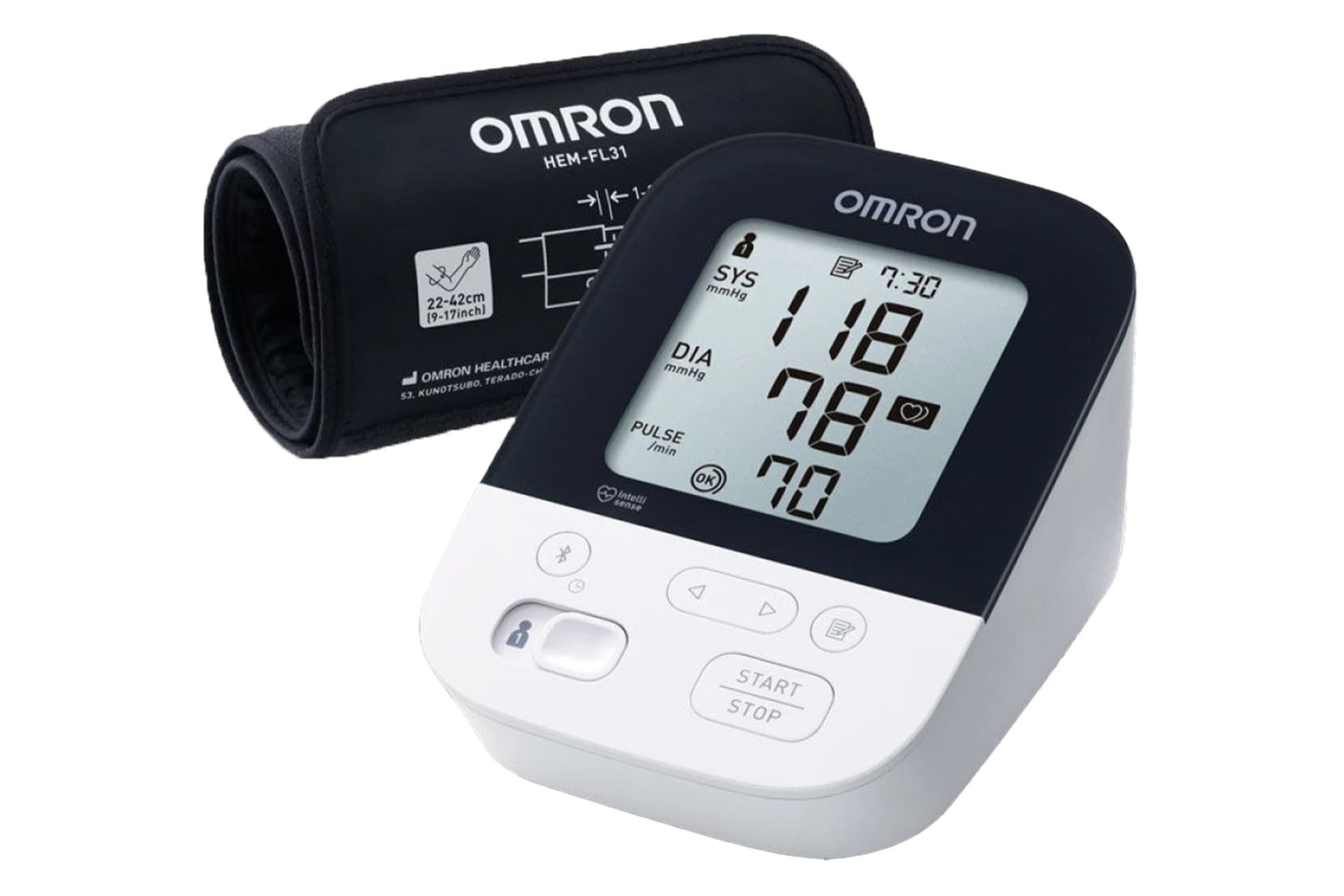 نمای کلی دستگاه فشارسنج امرون M4 Intelli IT با نمایشگر روشن و نمایش کاف