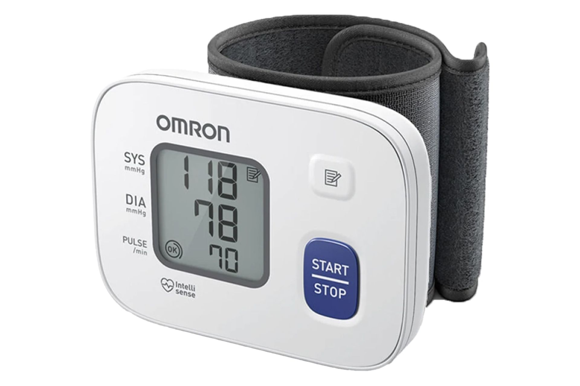 نمای نیمرخ دستگاه فشارسنج امرون RS2 با نمایشگر روشن و نمایش کاف