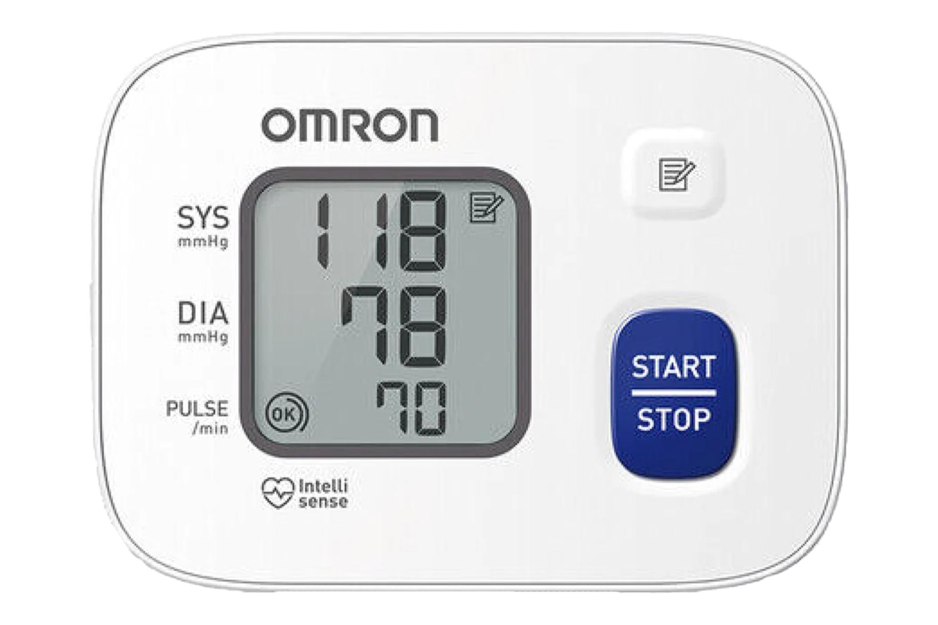 نمای پنل جلوی دستگاه فشارسنج امرون RS2 با نمایش لوگو، نمایشگر و دکمه‌ها