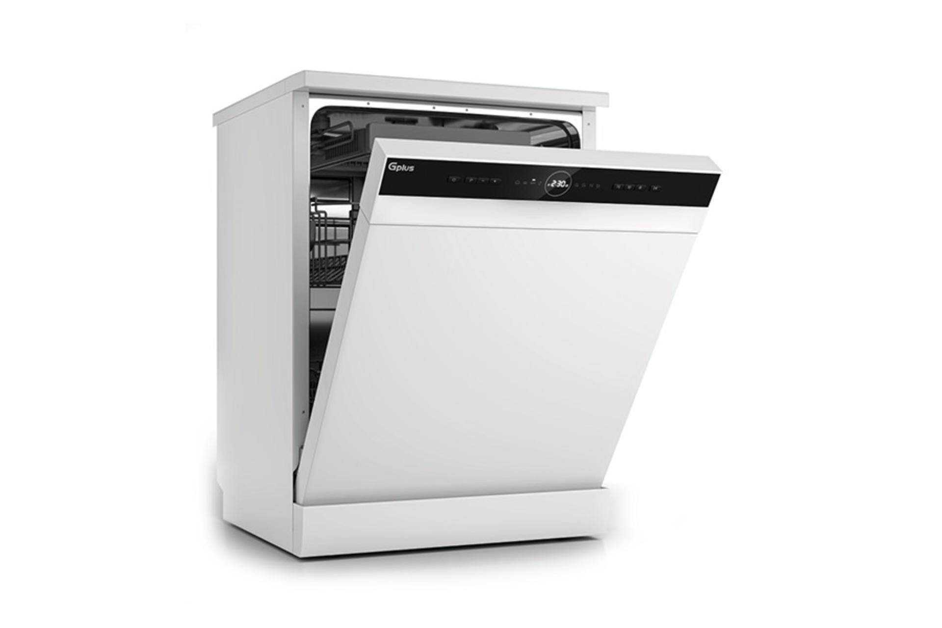 ماشین ظرفشویی جی پلاس Gplus GDW-F443 نمای جلو و جانبی درب باز