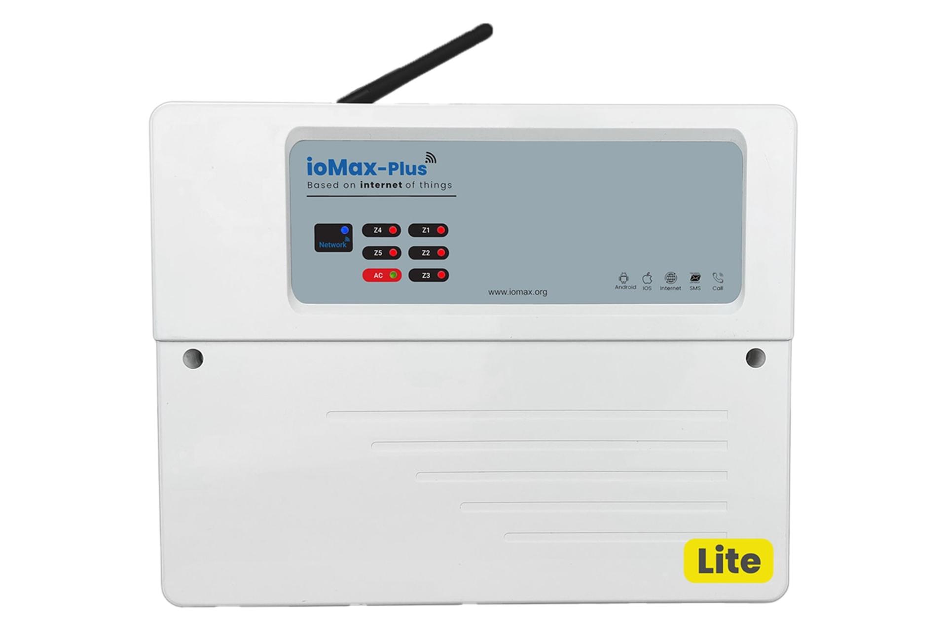 نمای پنل جلوی دزدگیر اماکن آیومکس Plus Lite با نمایش لوگو و آنتن