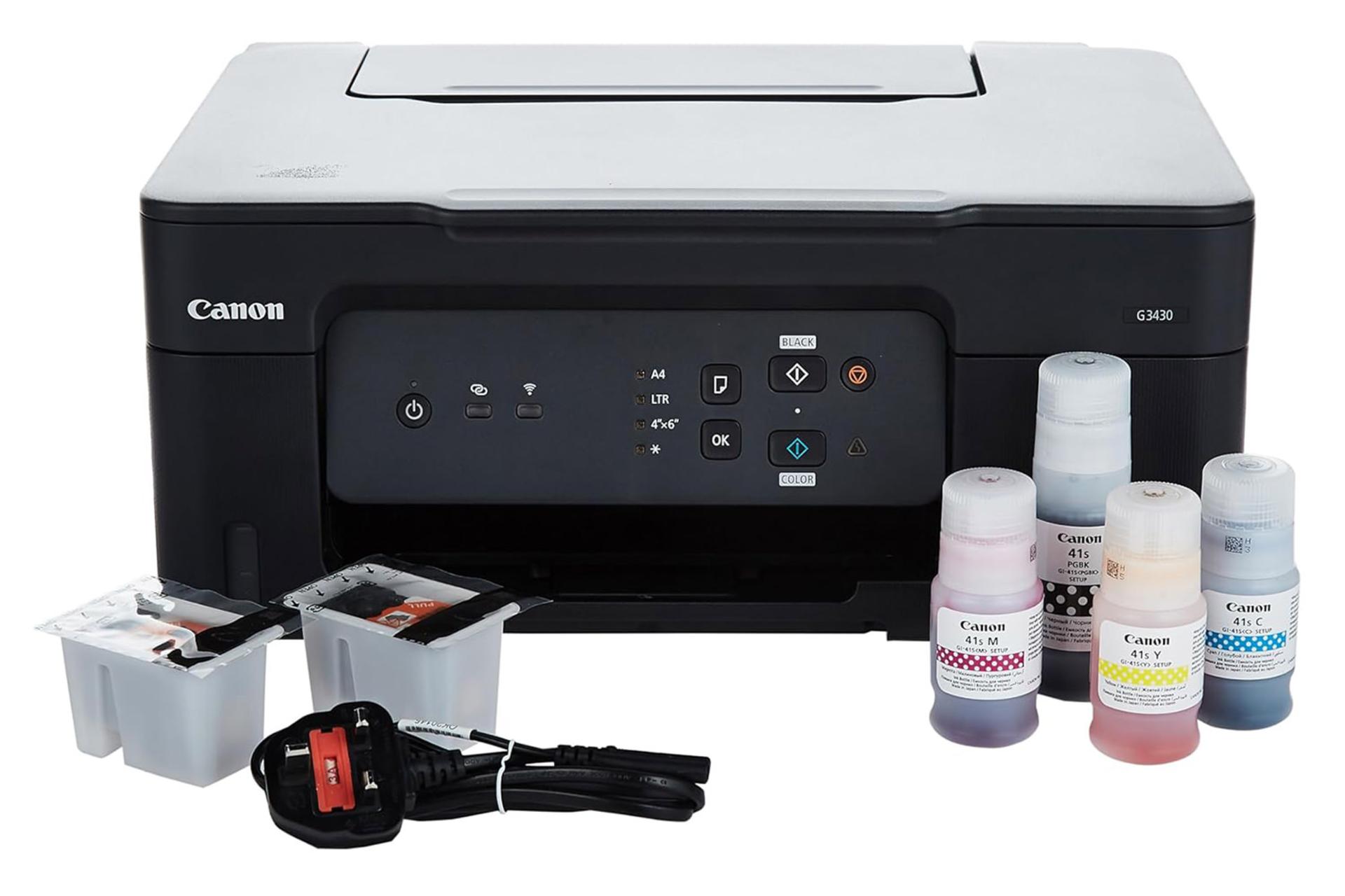 پرینتر کانن Canon PIXMA G3430 نمای جلو و لوازم همراه