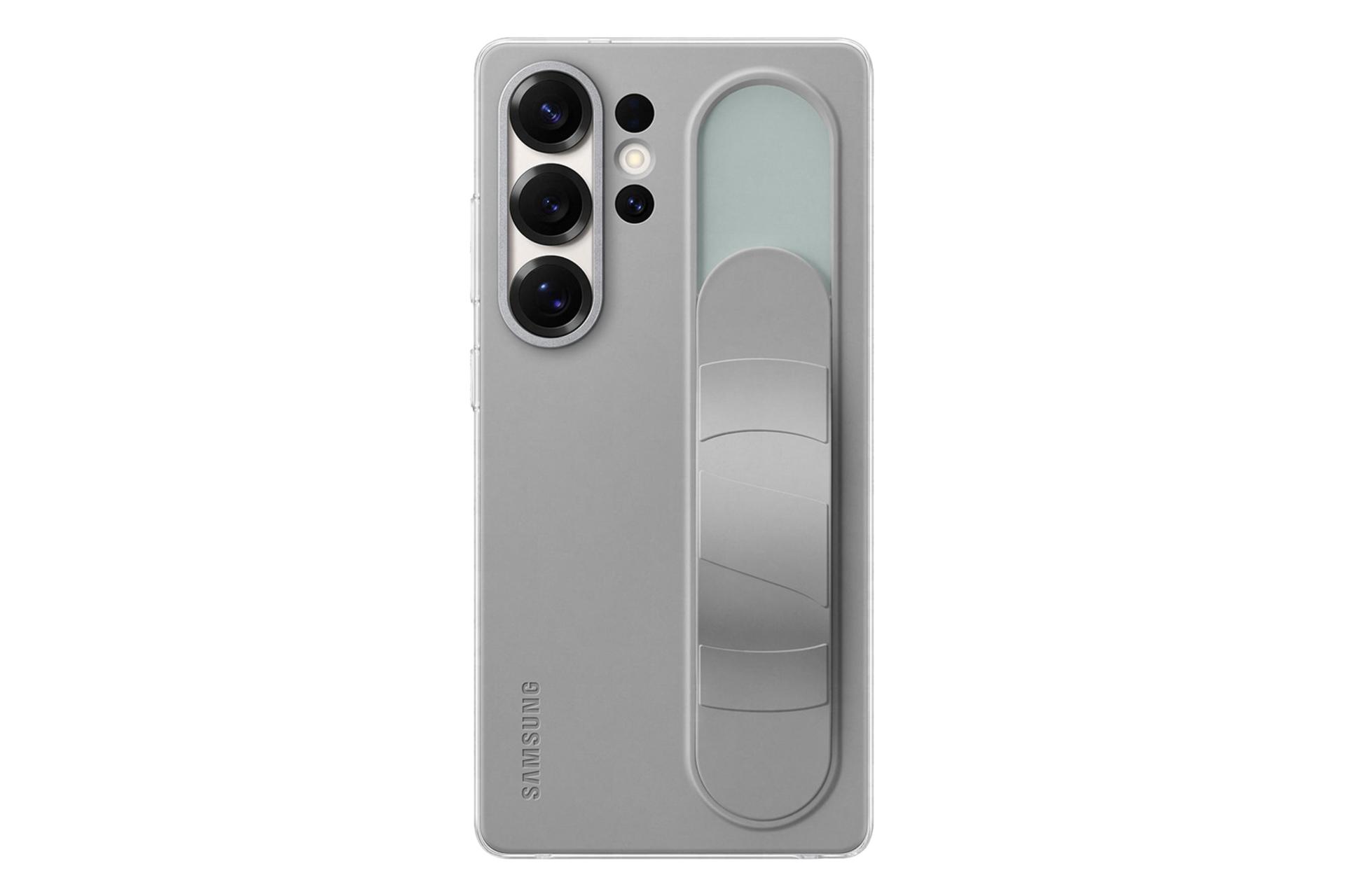 نمای پنل پشت قاب گوشی سامسونگ مدل Standing Grip مناسب سامسونگ Galaxy S25 Ultra با نمایش استند و دستگیره پشت کاور رنگ خاکستری