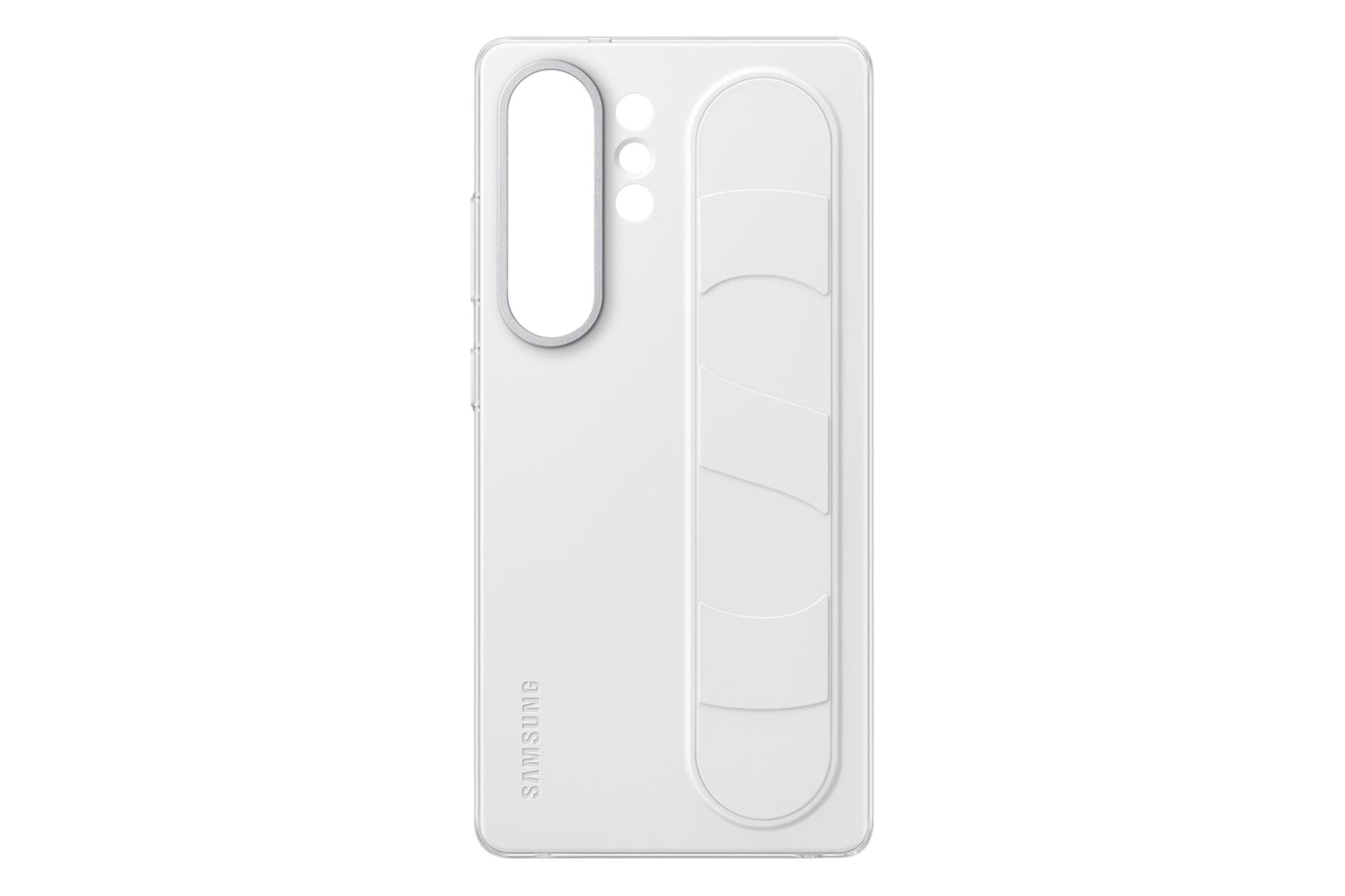 نمای پنل پشت قاب گوشی سامسونگ مدل Standing Grip مناسب سامسونگ Galaxy S25 Ultra با نمایش برش دوربین‌ها کاور رنگ سفید