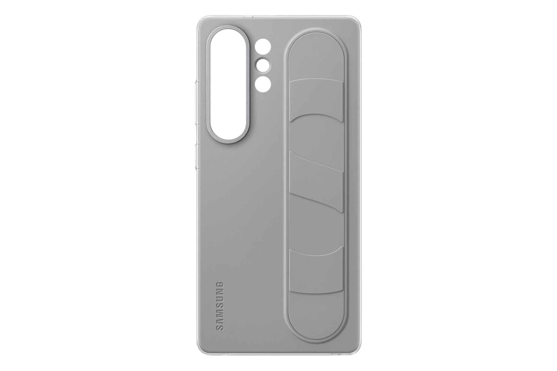 نمای پنل پشت قاب گوشی سامسونگ مدل Standing Grip مناسب سامسونگ Galaxy S25 Ultra با نمایش برش دوربین‌ها کاور رنگ خاکستری