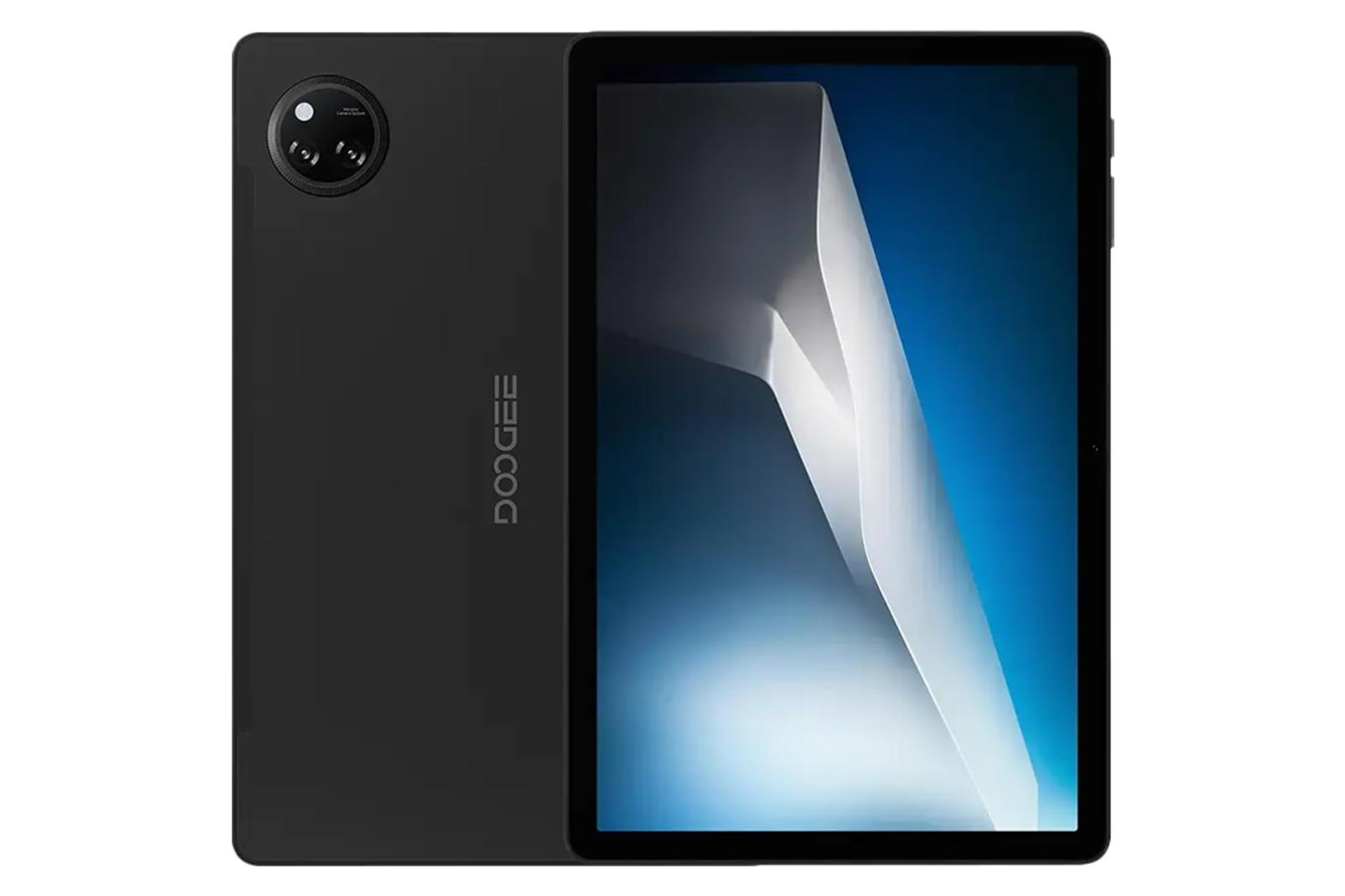 نمای کلی تبلت تب A9 پلاس دوجی / Doogee Tab A9 Plus با نمایشگر روشن و نمایش لوگو و دوربین پنل پشت