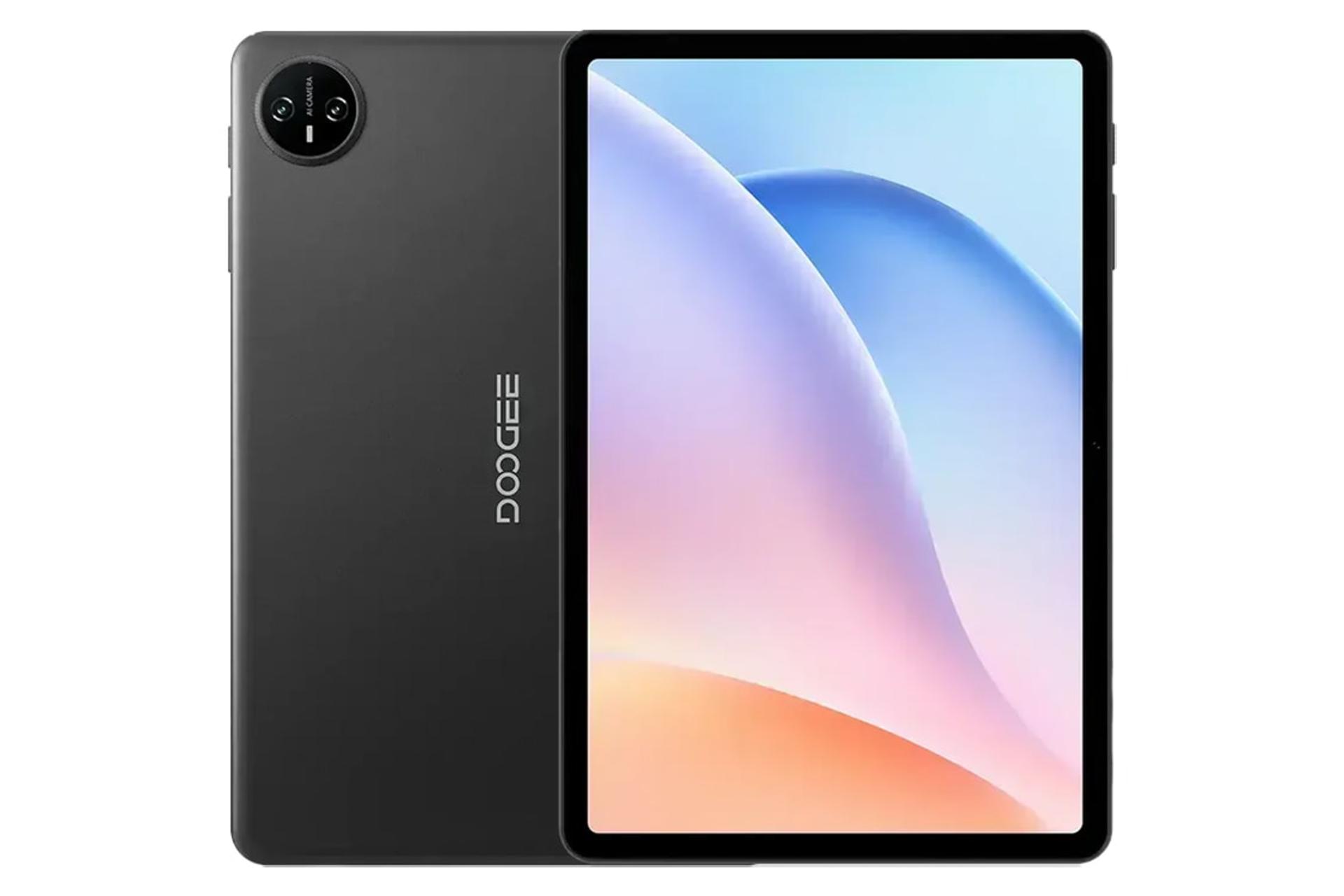 نمای کلی تبلت تب A9 دوجی / Doogee Tab A9 با نمایشگر روشن و نمایش لوگو و دوربین پنل پشت