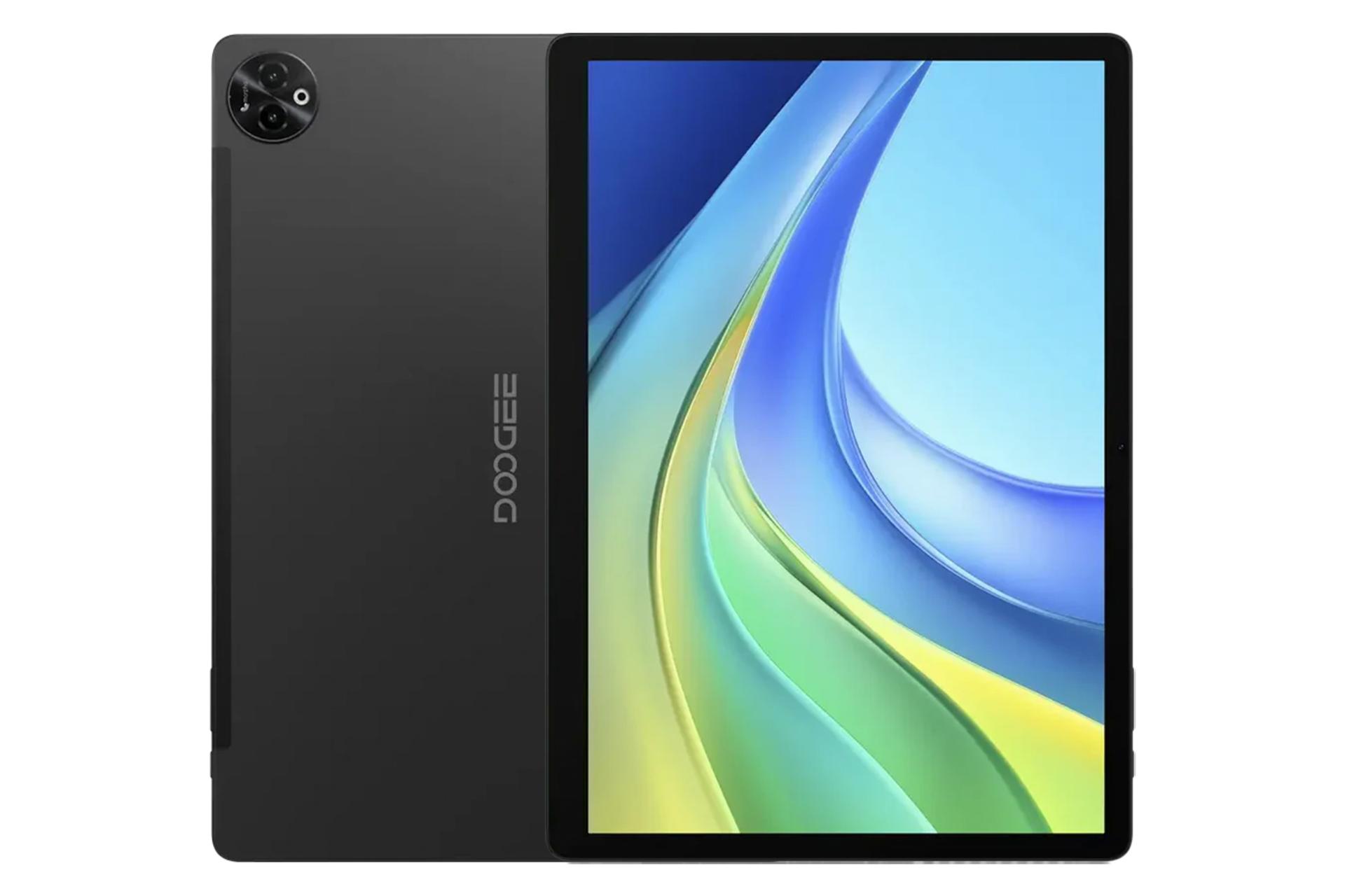 نمای کلی تبلت تب E3 مکس دوجی / Doogee Tab E3 Max با نمایشگر روشن و نمایش لوگو و دوربین پنل پشت