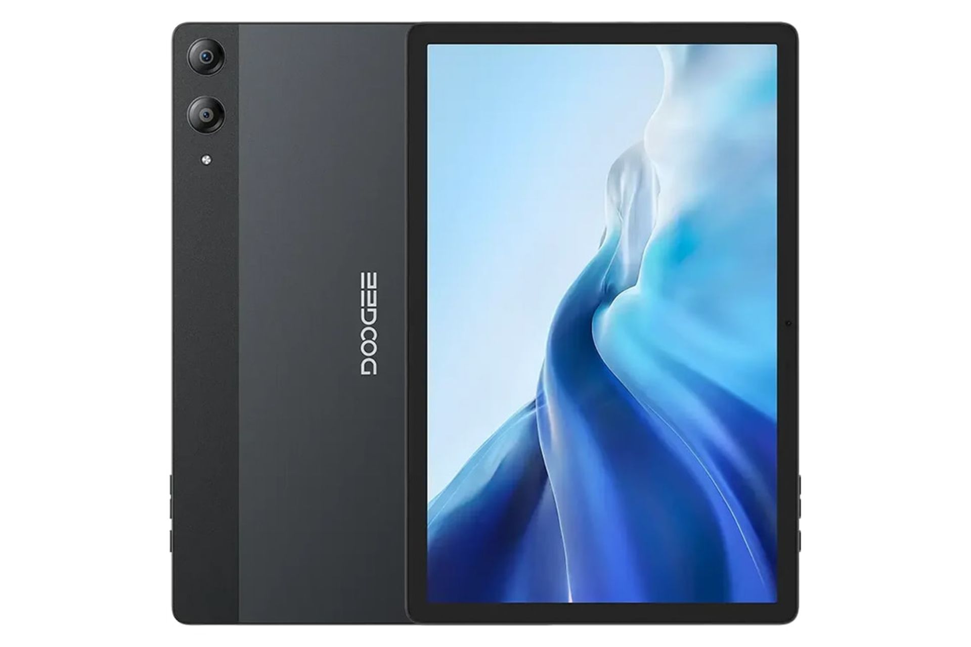 نمای کلی تبلت تب E3 پرو دوجی / Doogee Tab E3 Pro با نمایشگر روشن و نمایش لوگو و دوربین پنل پشت