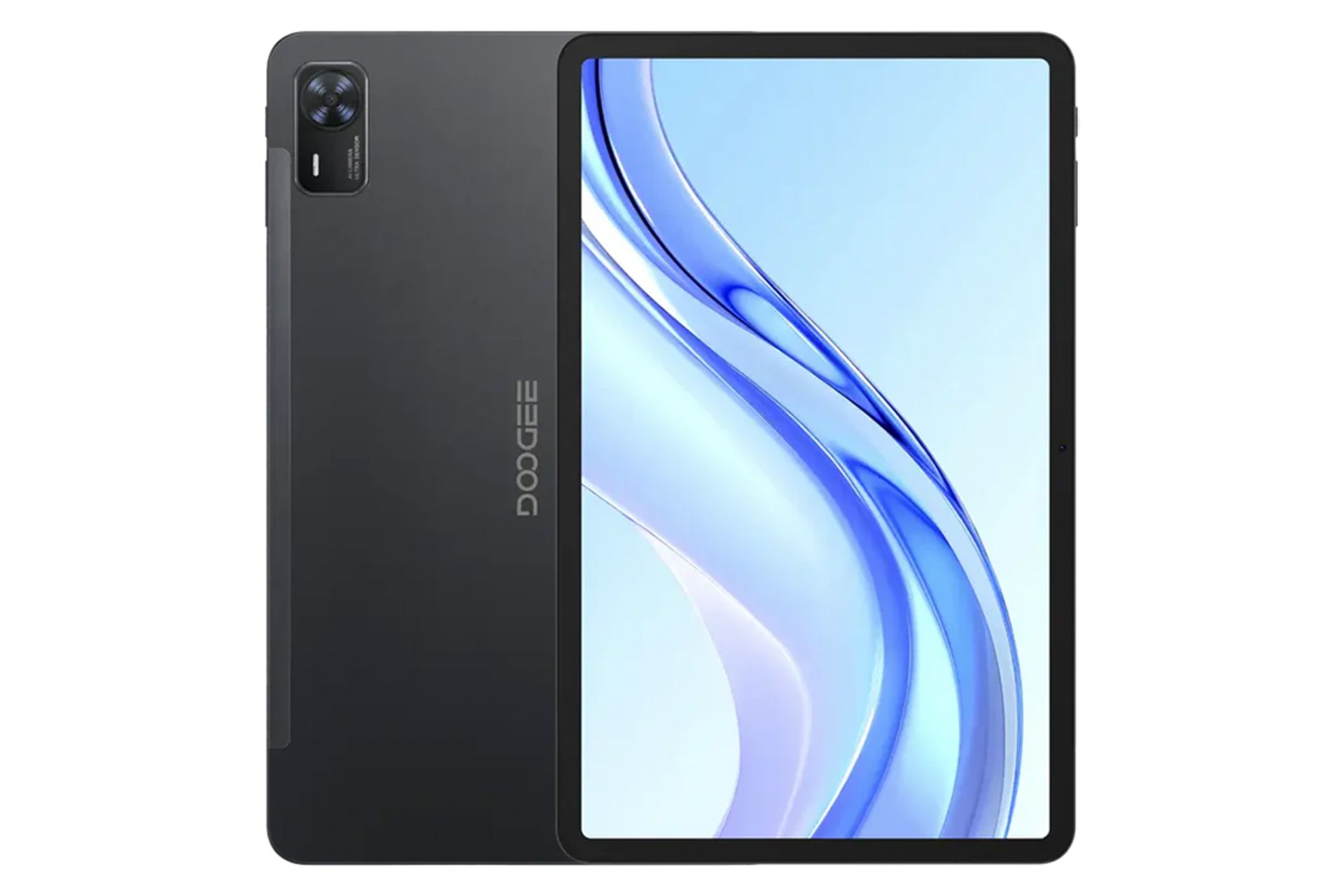 نمای کلی تبلت تب E3 پلاس دوجی / Doogee Tab E3 Plus با نمایشگر روشن و نمایش لوگو و دوربین پنل پشت