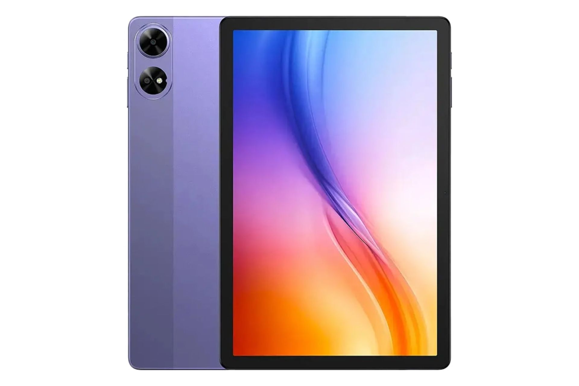 نمای کلی تبلت تب G6 پلاس دوجی / Doogee Tab G6 Plus با نمایشگر روشن و نمایش دوربین پنل پشت رنگ بنفش