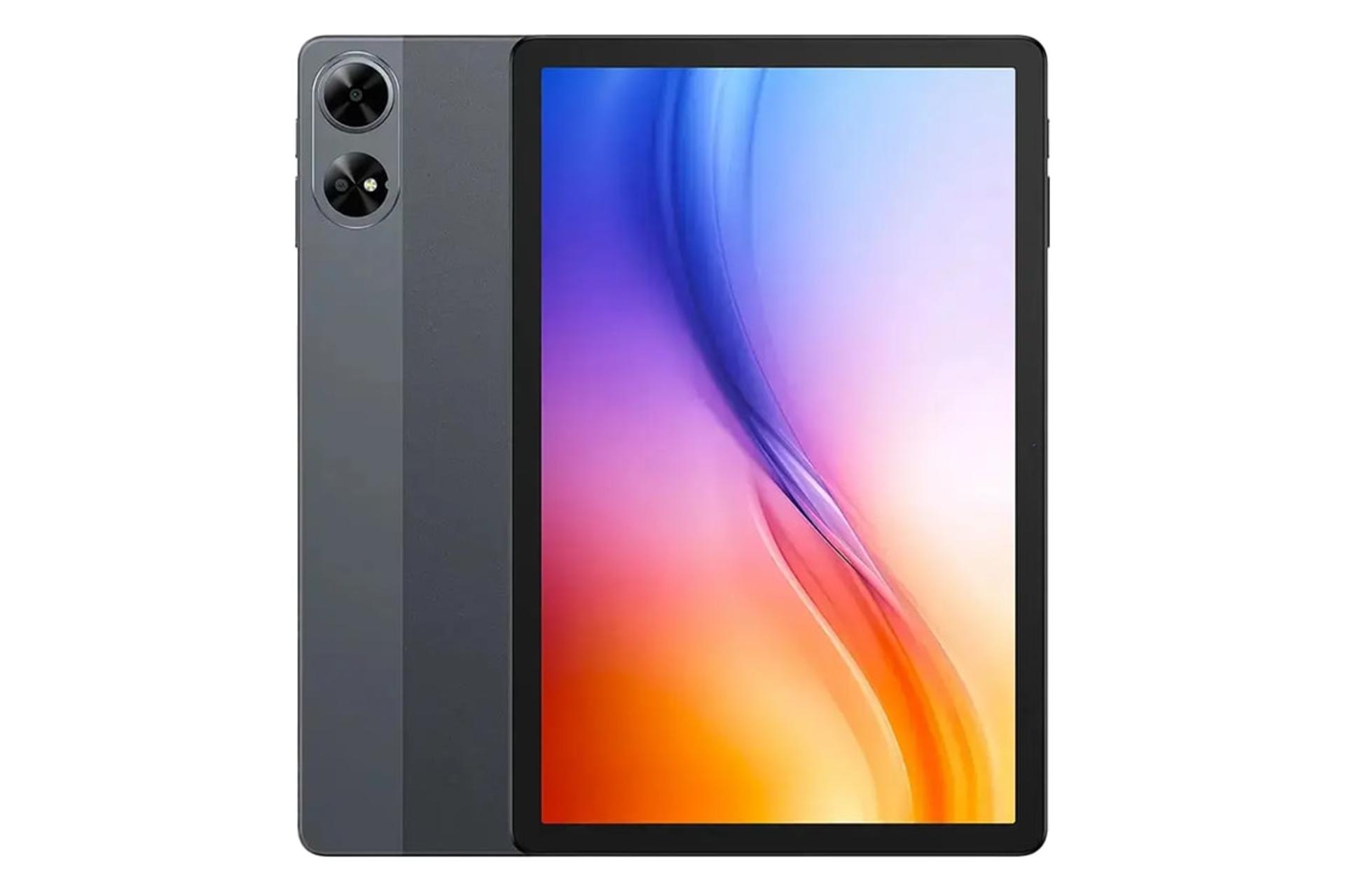 نمای کلی تبلت تب G6 پلاس دوجی / Doogee Tab G6 Plus با نمایشگر روشن و نمایش دوربین پنل پشت رنگ خاکستری