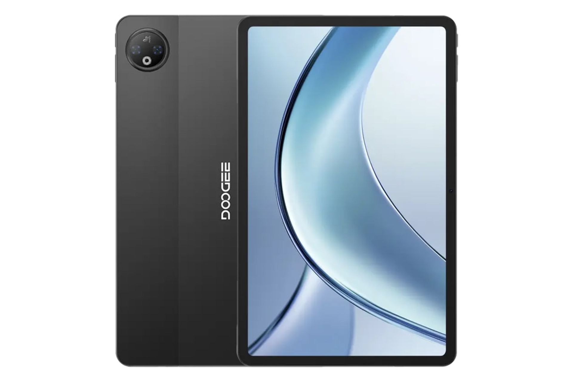 نمای کلی تبلت V پد دوجی / Doogee V Pad با نمایشگر روشن و نمایش لوگو و دوربین پنل پشت