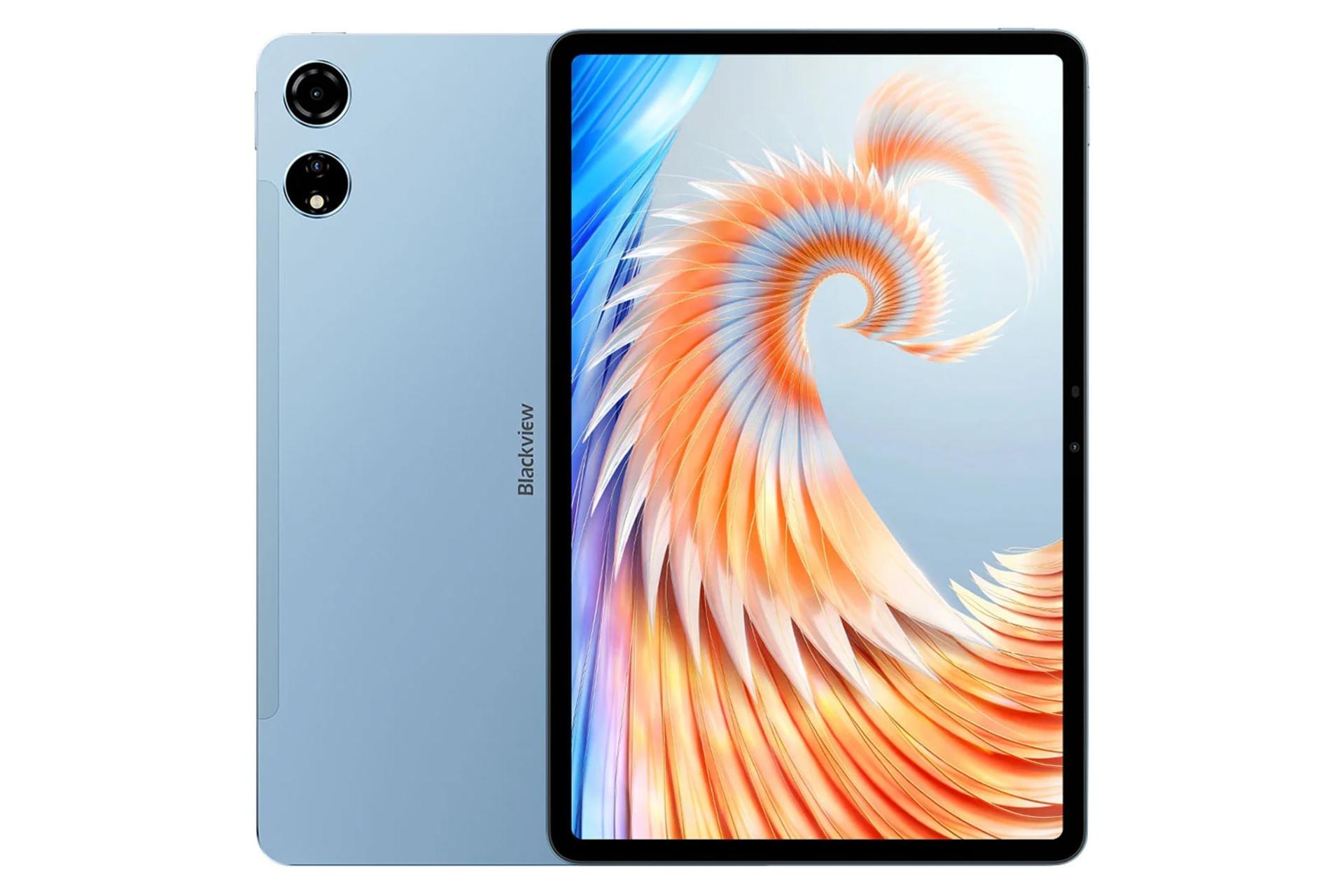 نمای کلی تبلت مگا 3 بلک ویو / Blackview Mega 3 با نمایشگر روشن و نمایش لوگو و دوربین پنل پشت