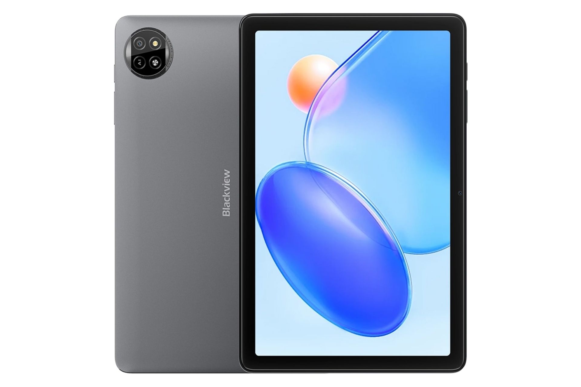 نمای کلی تبلت تب 20 WiFi بلک ویو / Blackview Tab 20 WiFi با نمایشگر روشن و نمایش لوگو و دوربین پنل پشت