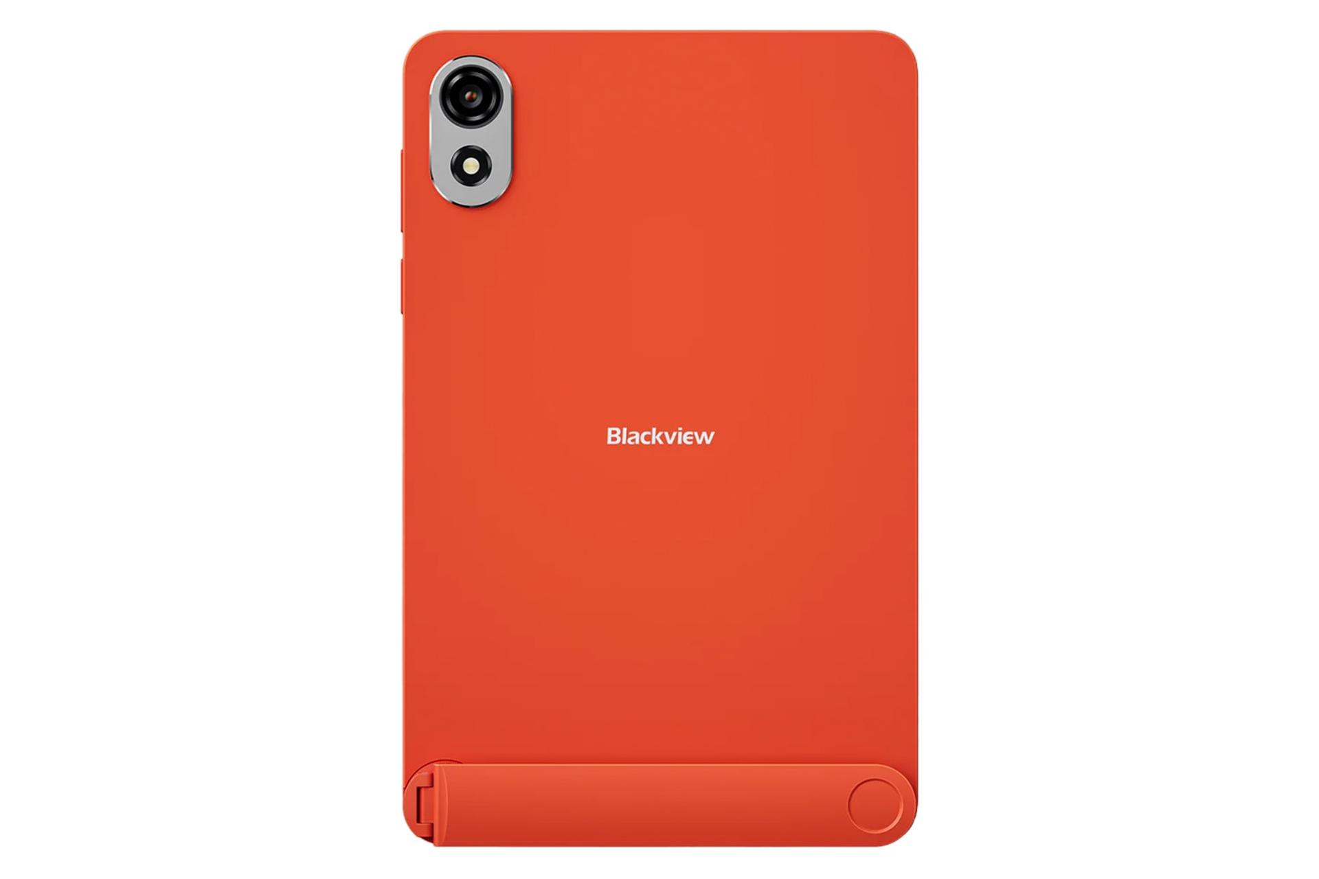نمای پنل پشت تبلت Zeno 1 بلک ویو / Blackview Zeno 1 با نمایش لوگو، استند و دوربین رنگ نارنجی