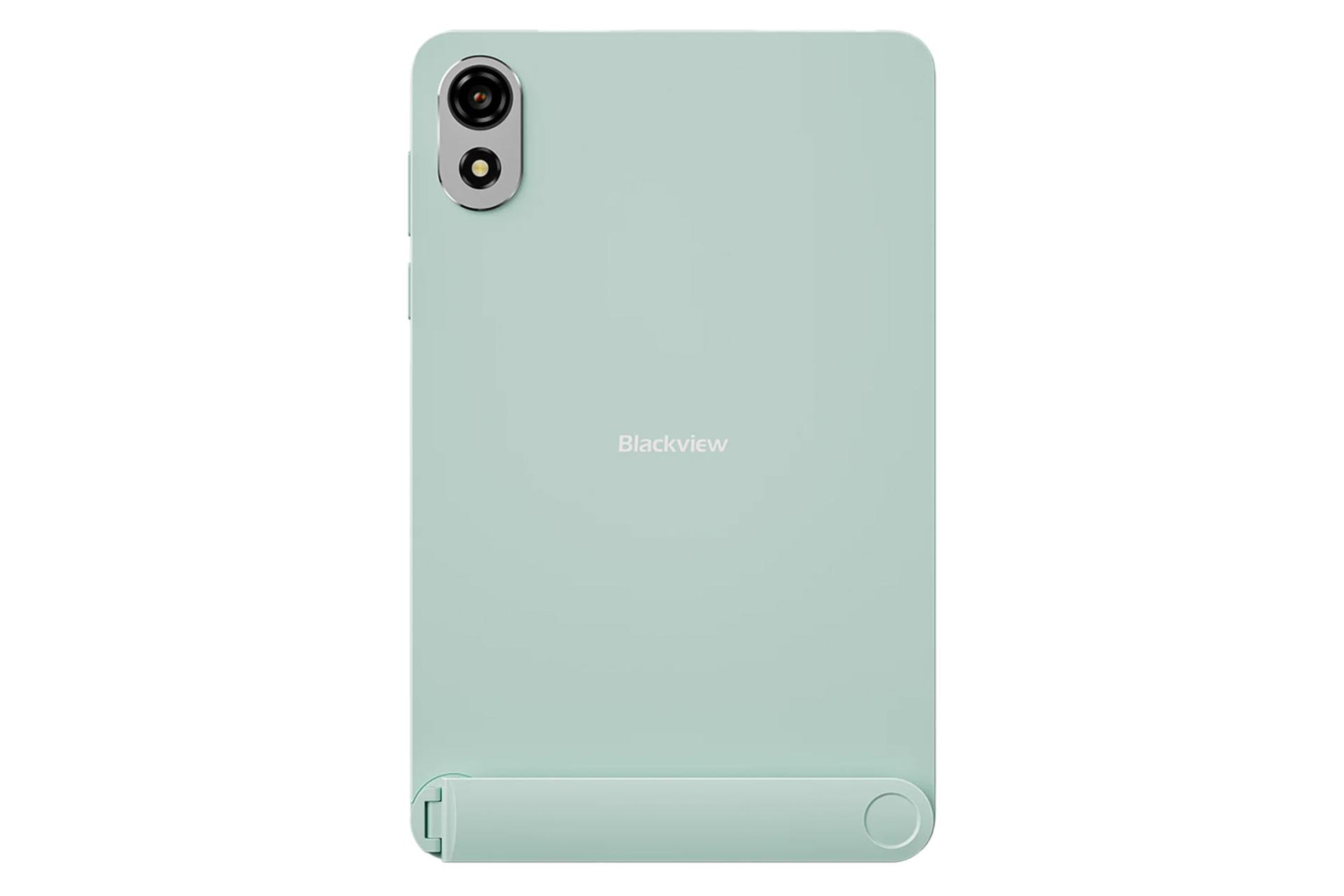نمای پنل پشت تبلت Zeno 1 بلک ویو / Blackview Zeno 1 با نمایش لوگو، استند و دوربین رنگ سبز روشن