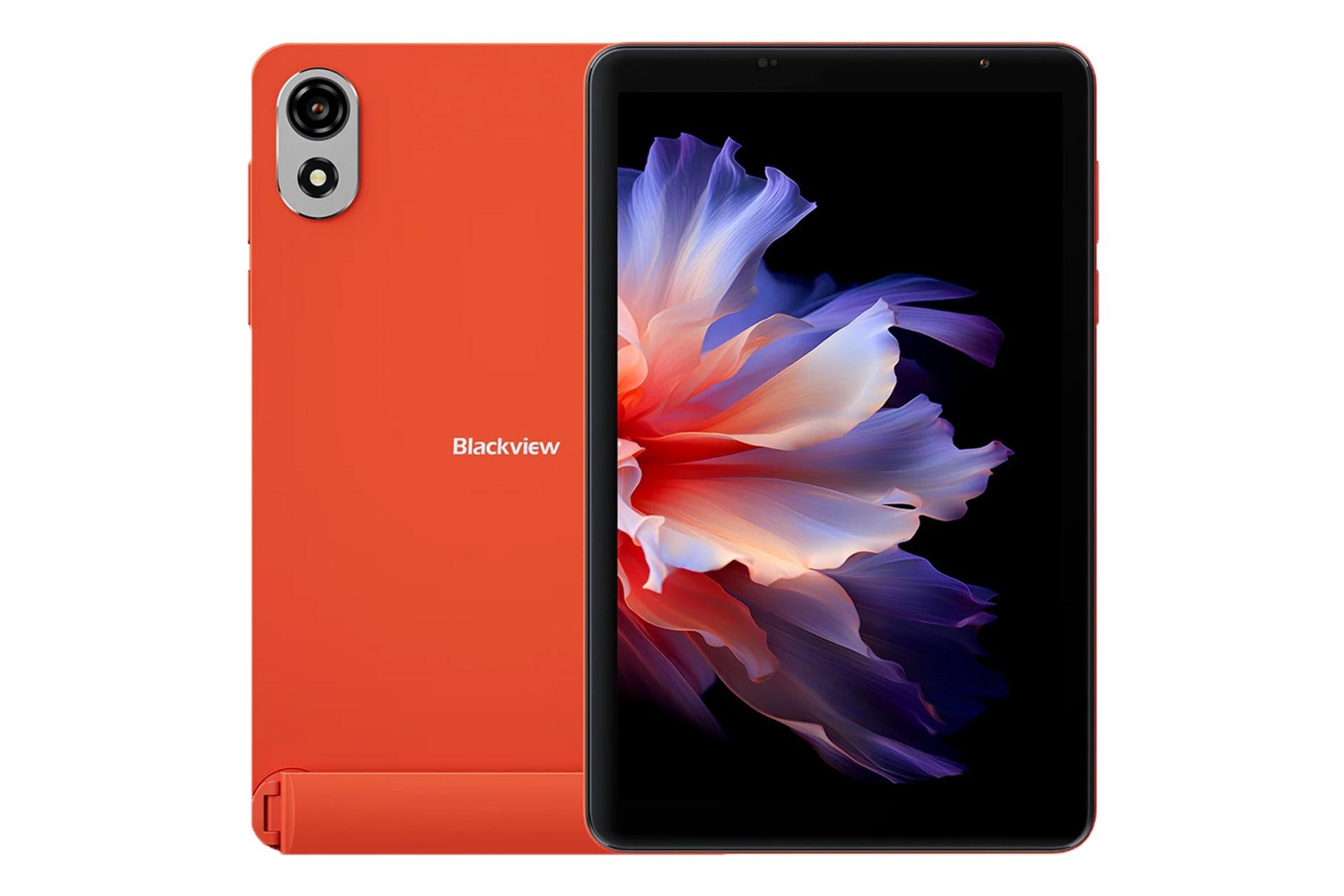 نمای کلی تبلت Zeno 1 بلک ویو / Blackview Zeno 1 با نمایشگر روشن و نمایش لوگو، استند و دوربین پنل پشت