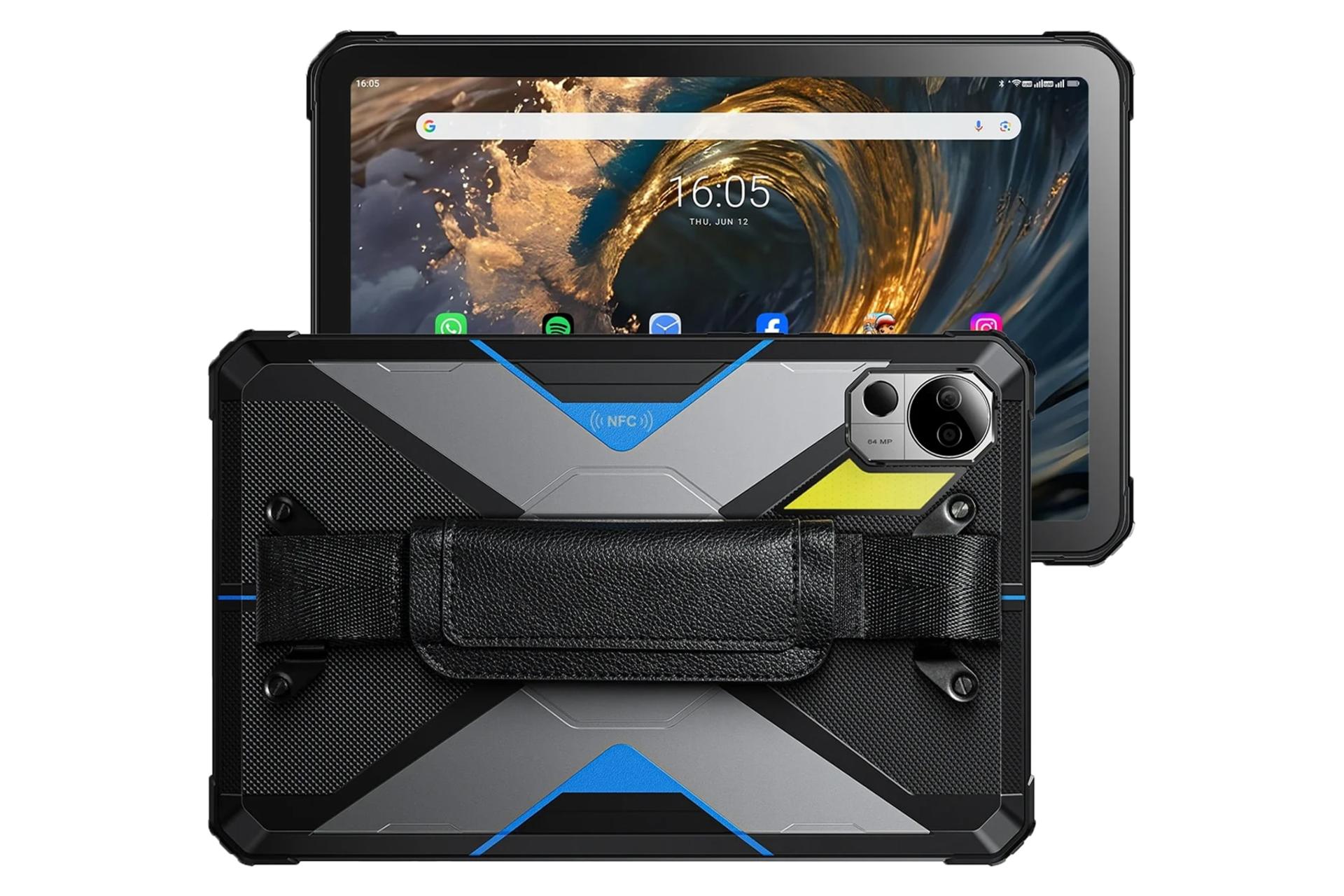 نمای کلی تبلت فوسیبات DT3 با نمایشگر روشن و نمایش بند نگهدارنده پنل پشت