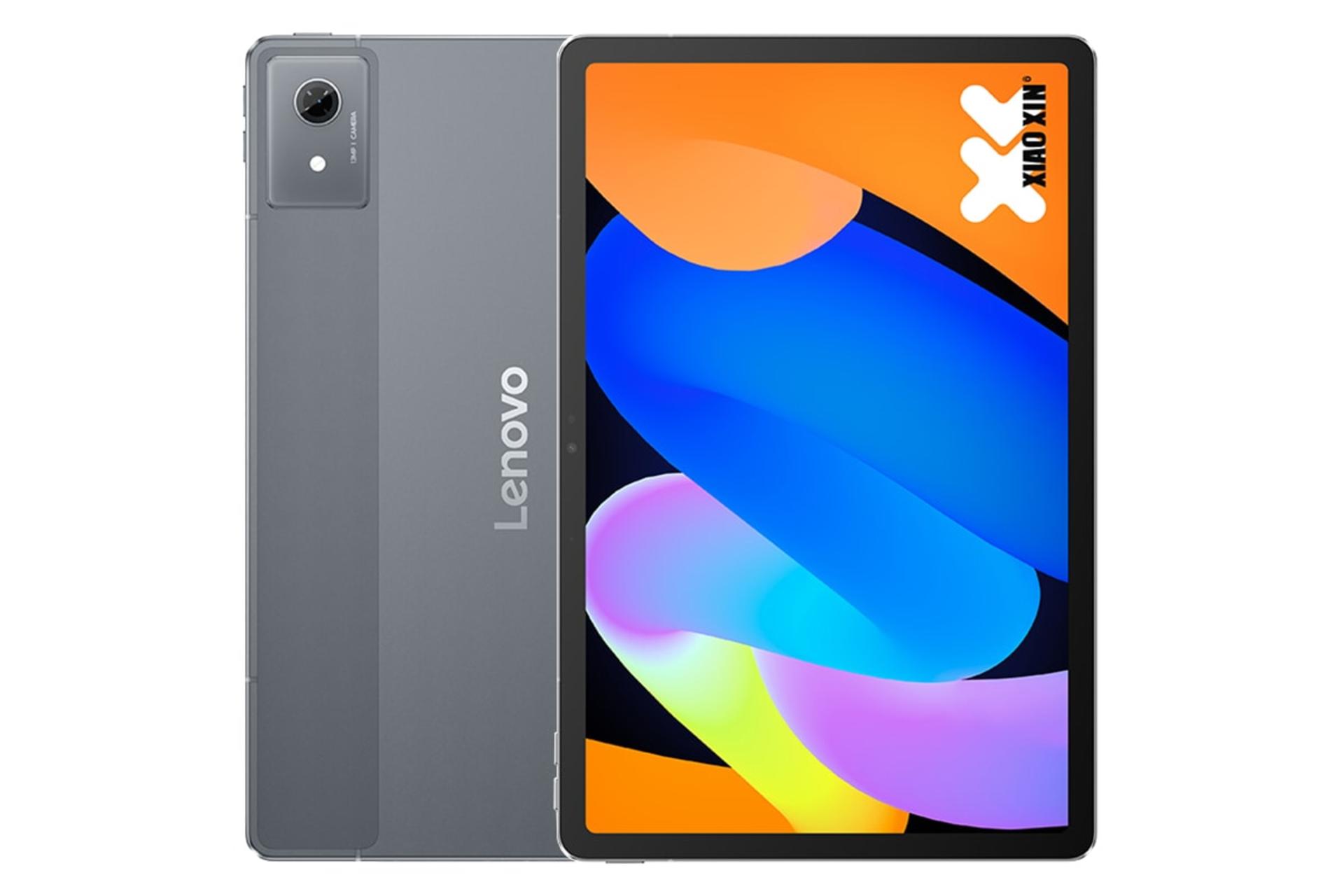 نمای کلی تبلت Xiaoxin پد 11 5G لنوو / Lenovo Xiaoxin Pad 11 5G با نمایشگر روشن و نمایش لوگو و دوربین پنل پشت