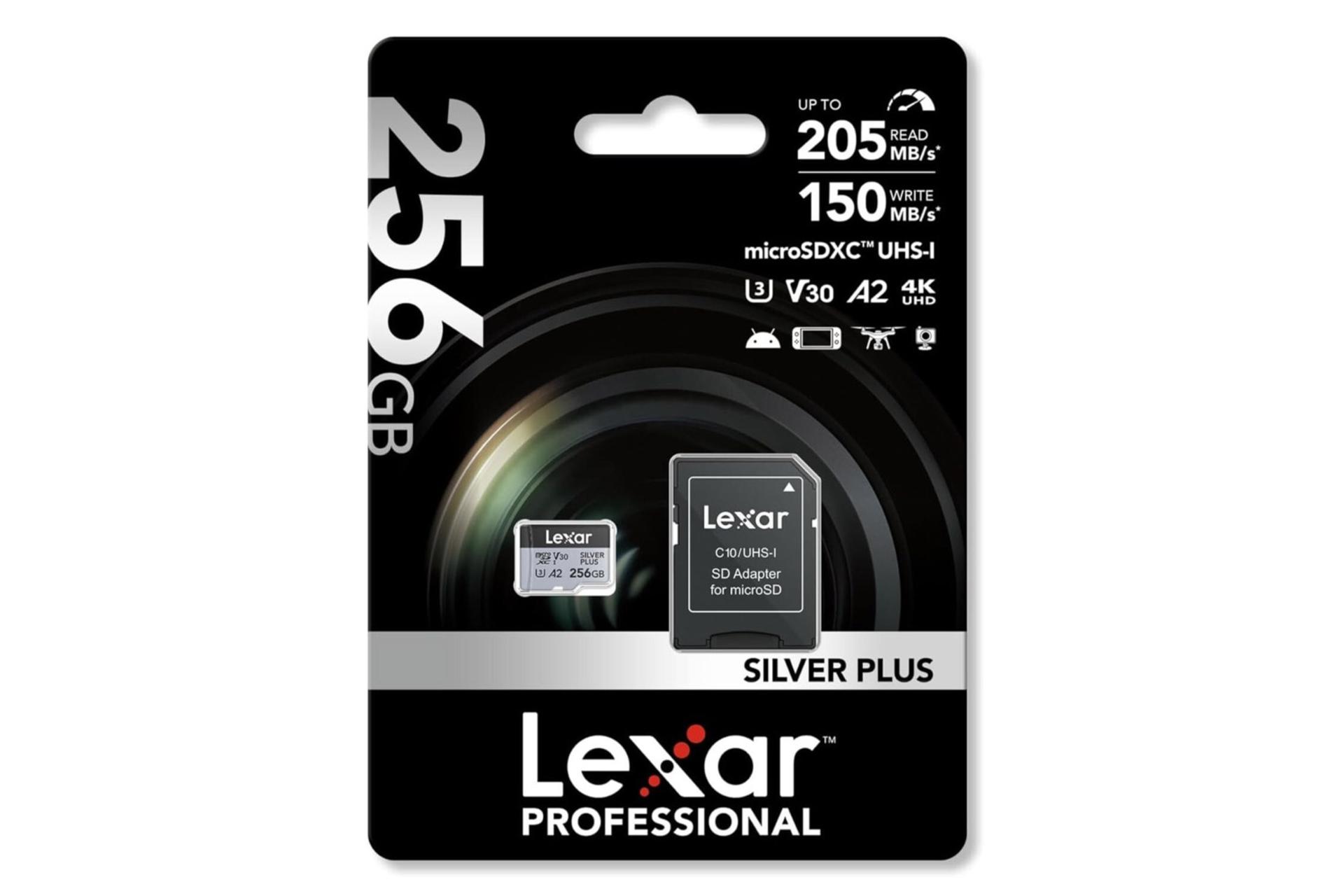 جعبه کارت حافظه لکسار microSDXC با ظرفیت 256 گیگابایت مدل Professional SILVER PLUS A2 V30