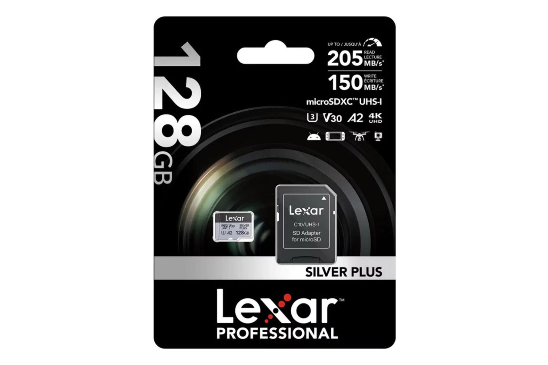 جعبه کارت حافظه لکسار microSDXC با ظرفیت 128 گیگابایت مدل Professional SILVER PLUS A2 V30