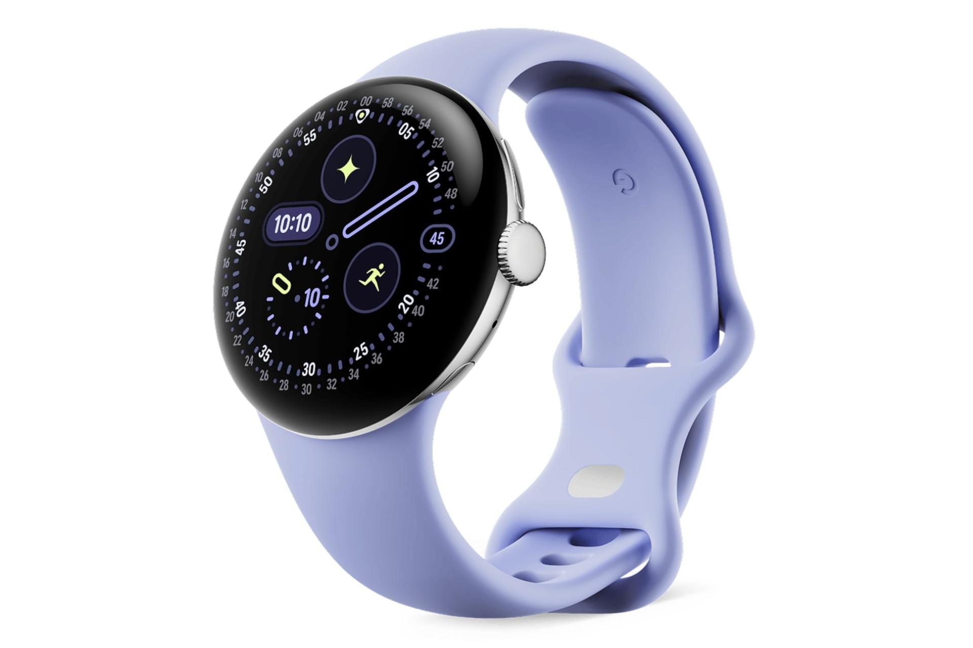 ساعت هوشمند پیکسل واچ 4 گوگل نسخه 41 میلی‌متری نقره ای با بند بنفش / Google Pixel Watch 4 41mm