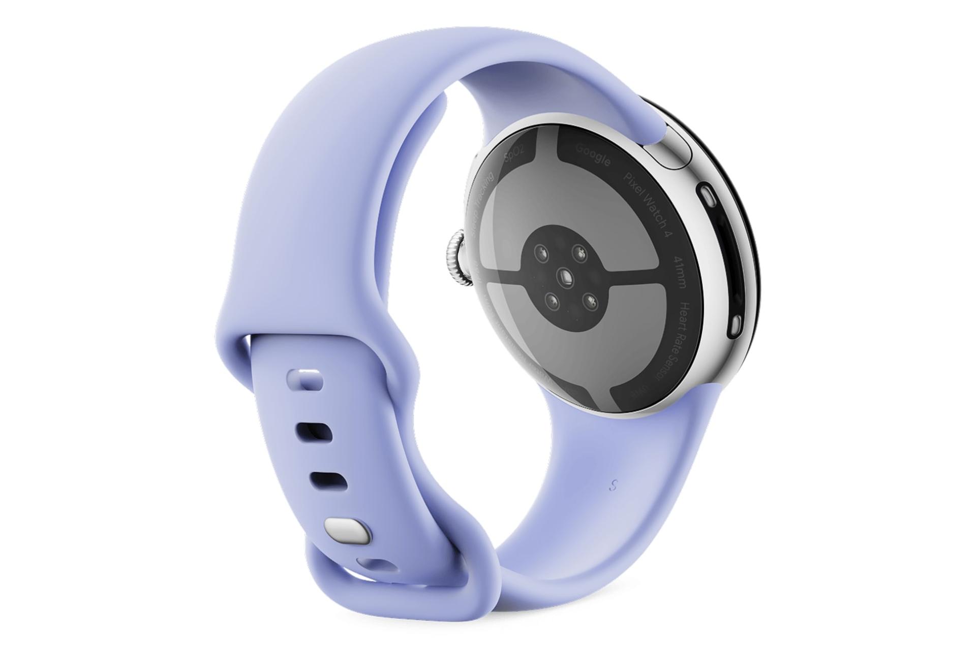 پشت ساعت هوشمند پیکسل واچ 4 گوگل نسخه 41 میلی‌متری نقره ای با بند بنفش / Google Pixel Watch 4 41mm