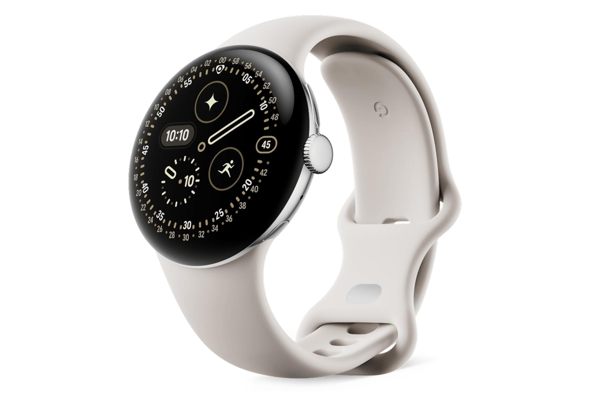 ساعت هوشمند پیکسل واچ 4 گوگل نسخه 41 میلی‌متری نقره ای با بند خاکستری روشن / Google Pixel Watch 4 41mm