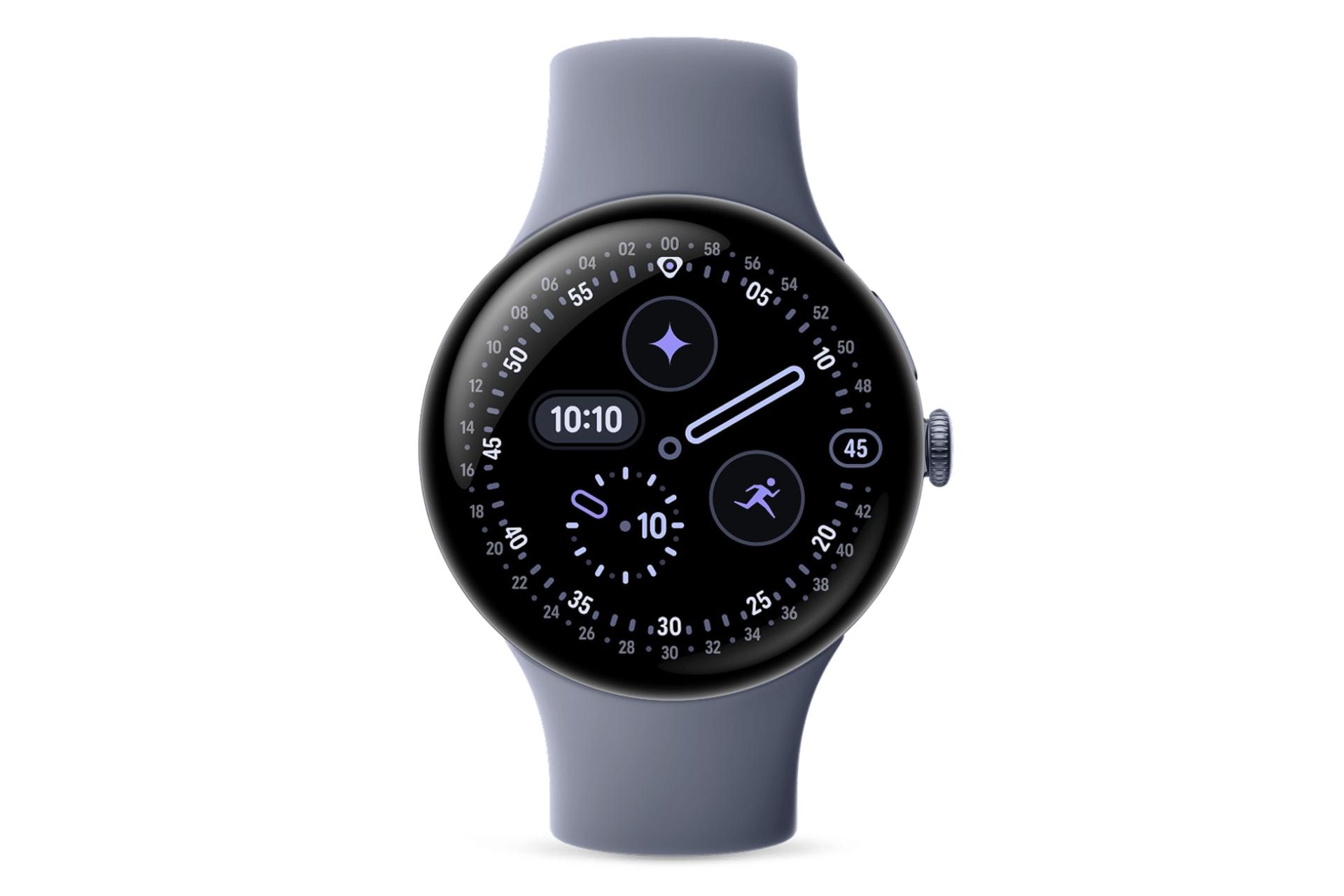 ساعت هوشمند پیکسل واچ 4 گوگل نسخه 45 میلی‌متری خاکستری تیره از نمای روبرو / Google Pixel Watch 4 45mm