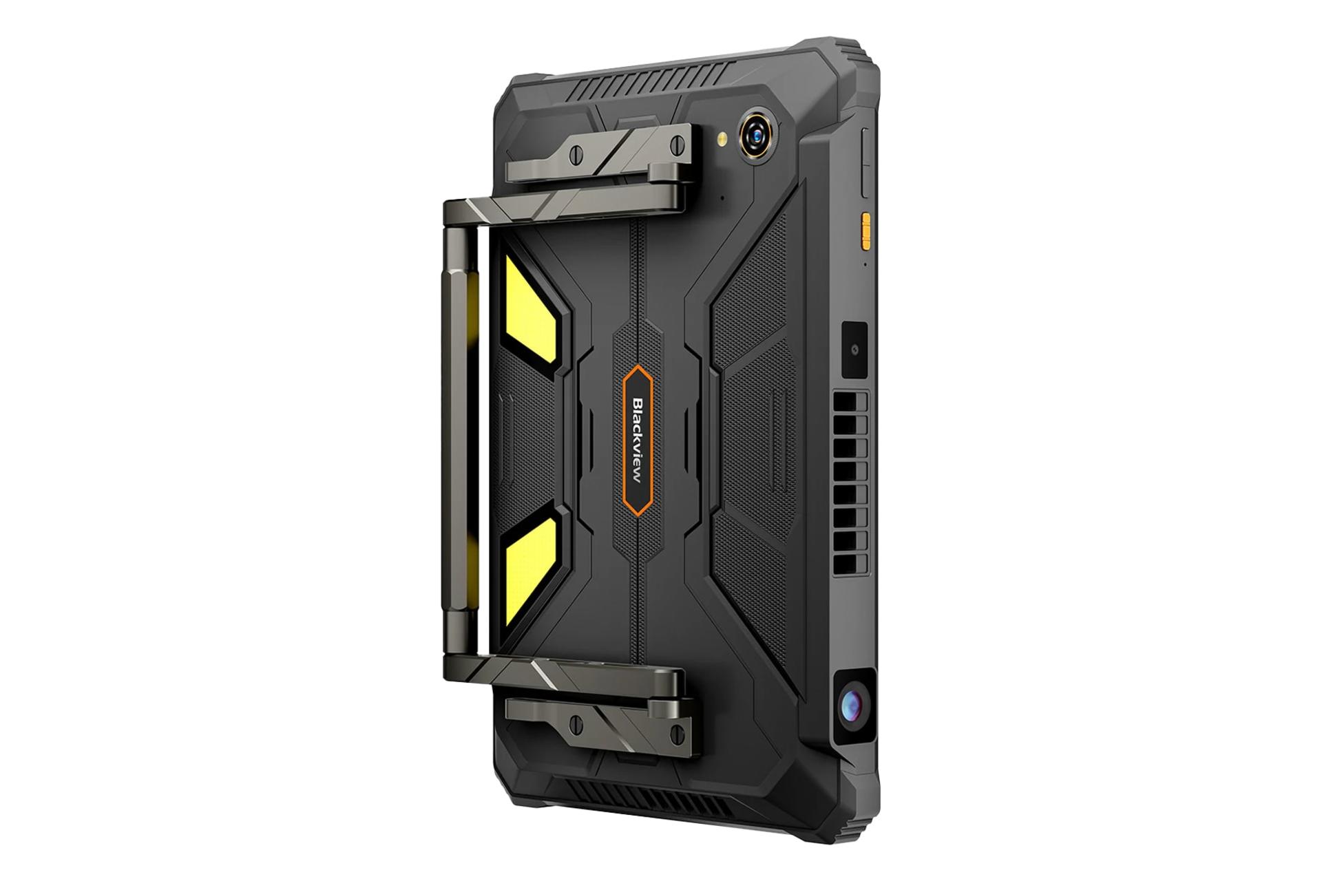 نمای نیمرخ پنل پشت تبلت اکتیو 12 پرو بلک ویو / Blackview Active 12 Pro با نمایش استند و پروژکتور لبه بالا