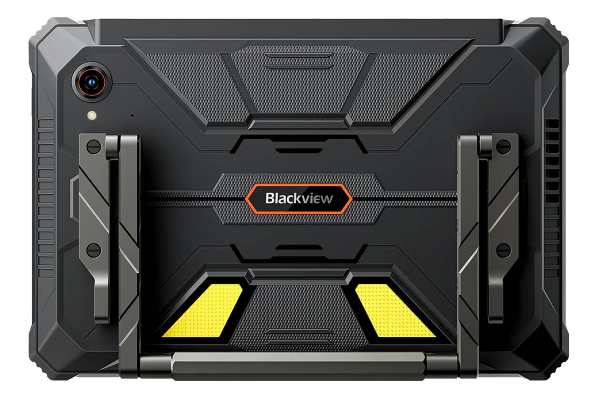 نمای پنل پشت تبلت اکتیو 12 پرو بلک ویو / Blackview Active 12 Pro با نمایش دوربین، استند، لوگو و چراغ قوه