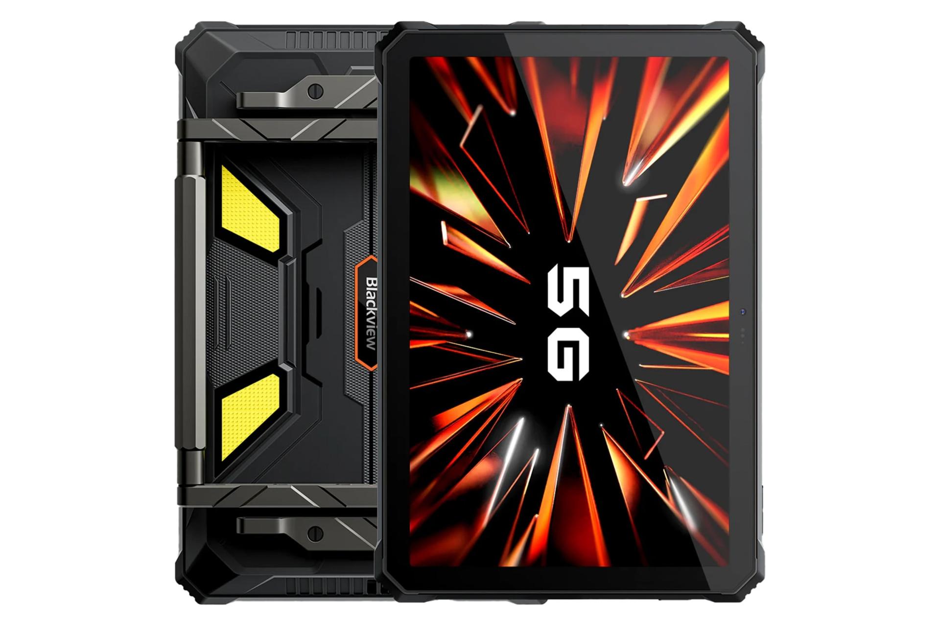 نمای کلی تبلت اکتیو 12 پرو بلک ویو / Blackview Active 12 Pro با نمایشگر روشن و نمایش لوگو و دوربین پنل پشت