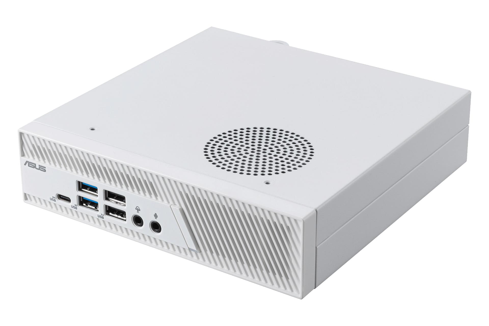 نمای نیمرخ کامپیوتر کوچک PB63 ایسوس / ASUS PB63 با نمایش لبه سمت راست، پنل بالا و جلو رنگ سفید
