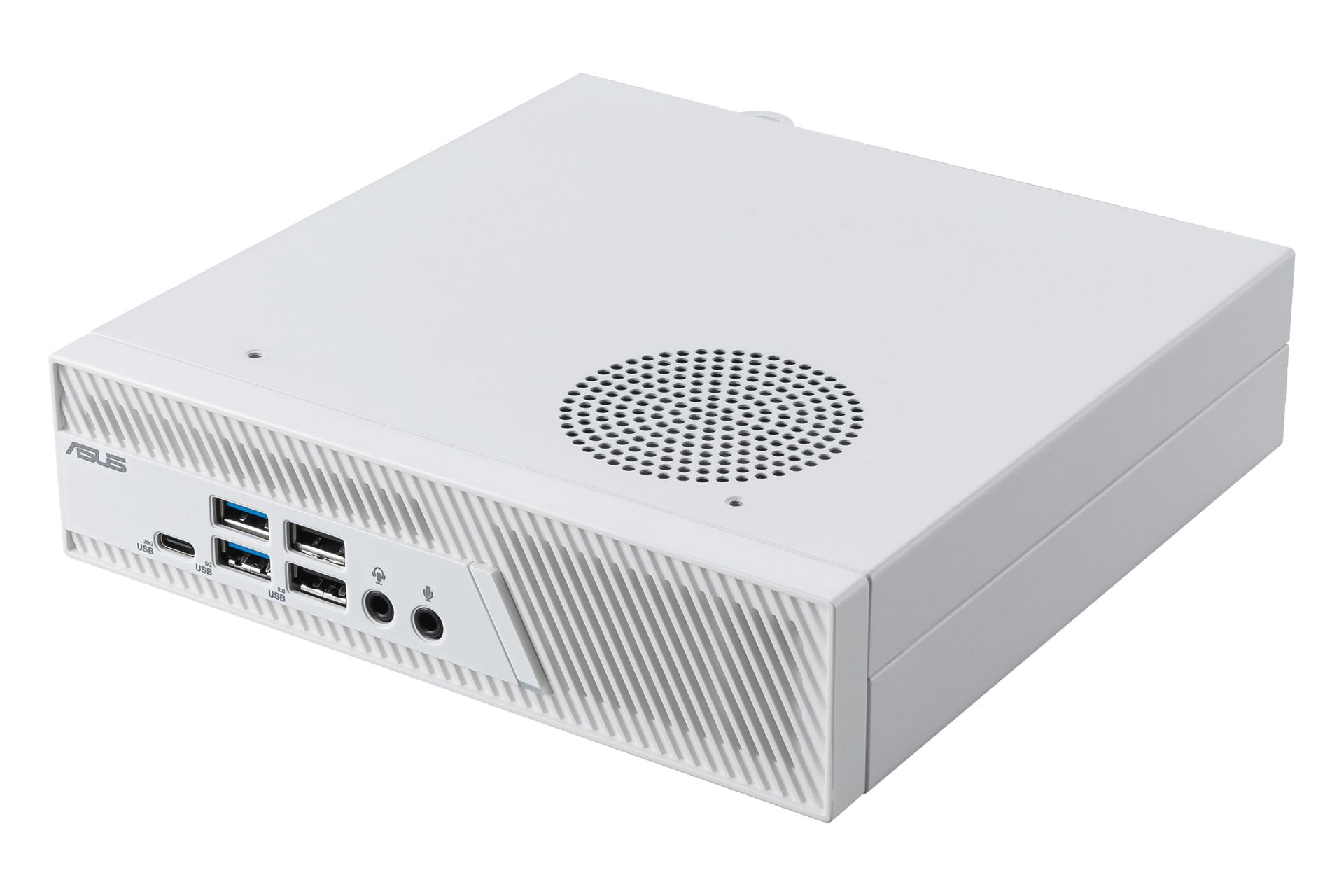 نمای نیمرخ کامپیوتر کوچک PB63 ایسوس / ASUS PB63 با نمایش لبه سمت راست، پنل بالا و جلو رنگ سفید