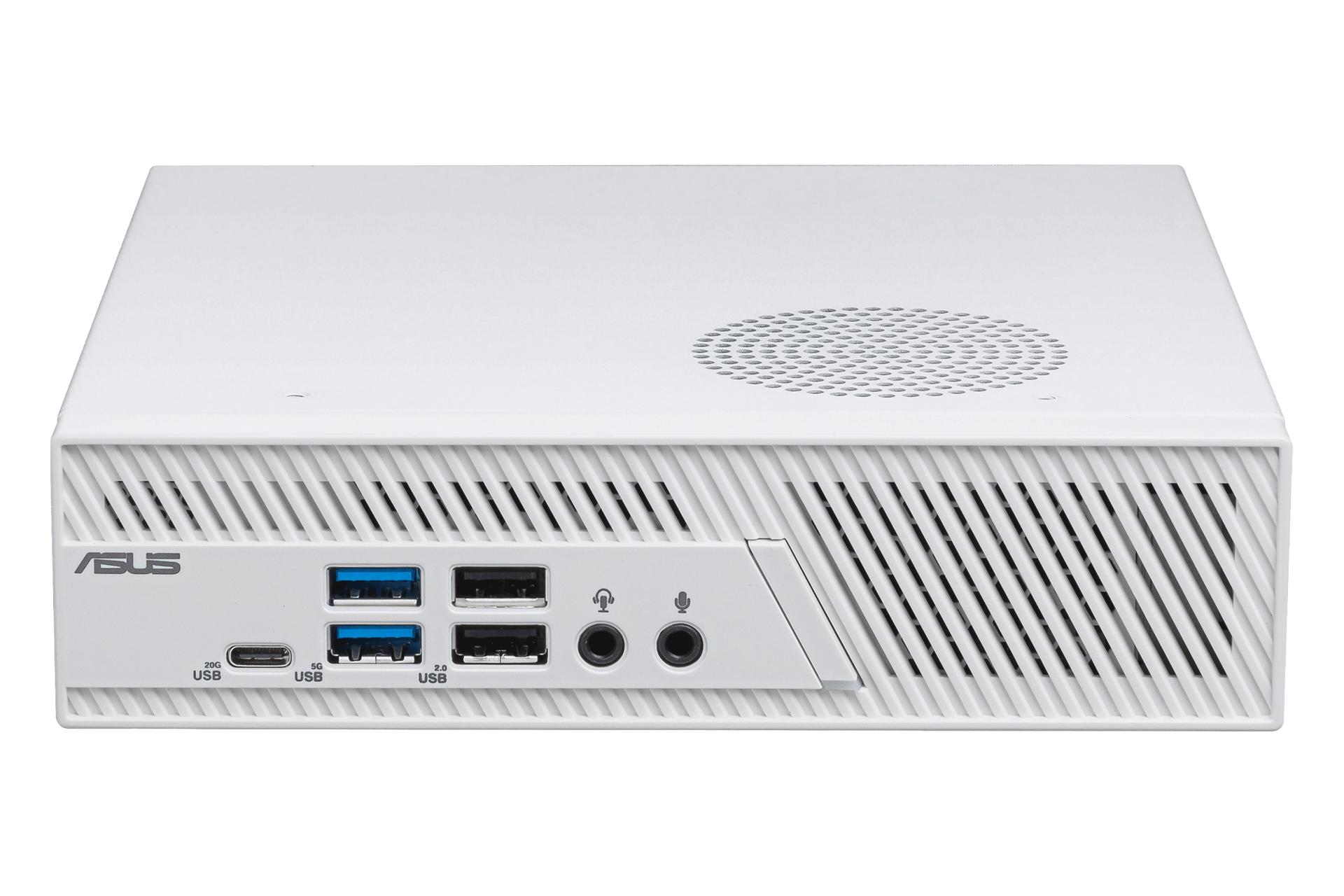 نمای جلوی کامپیوتر کوچک PB63 ایسوس / ASUS PB63 با نمایش درگاه‌های پنل جلو رنگ سفید