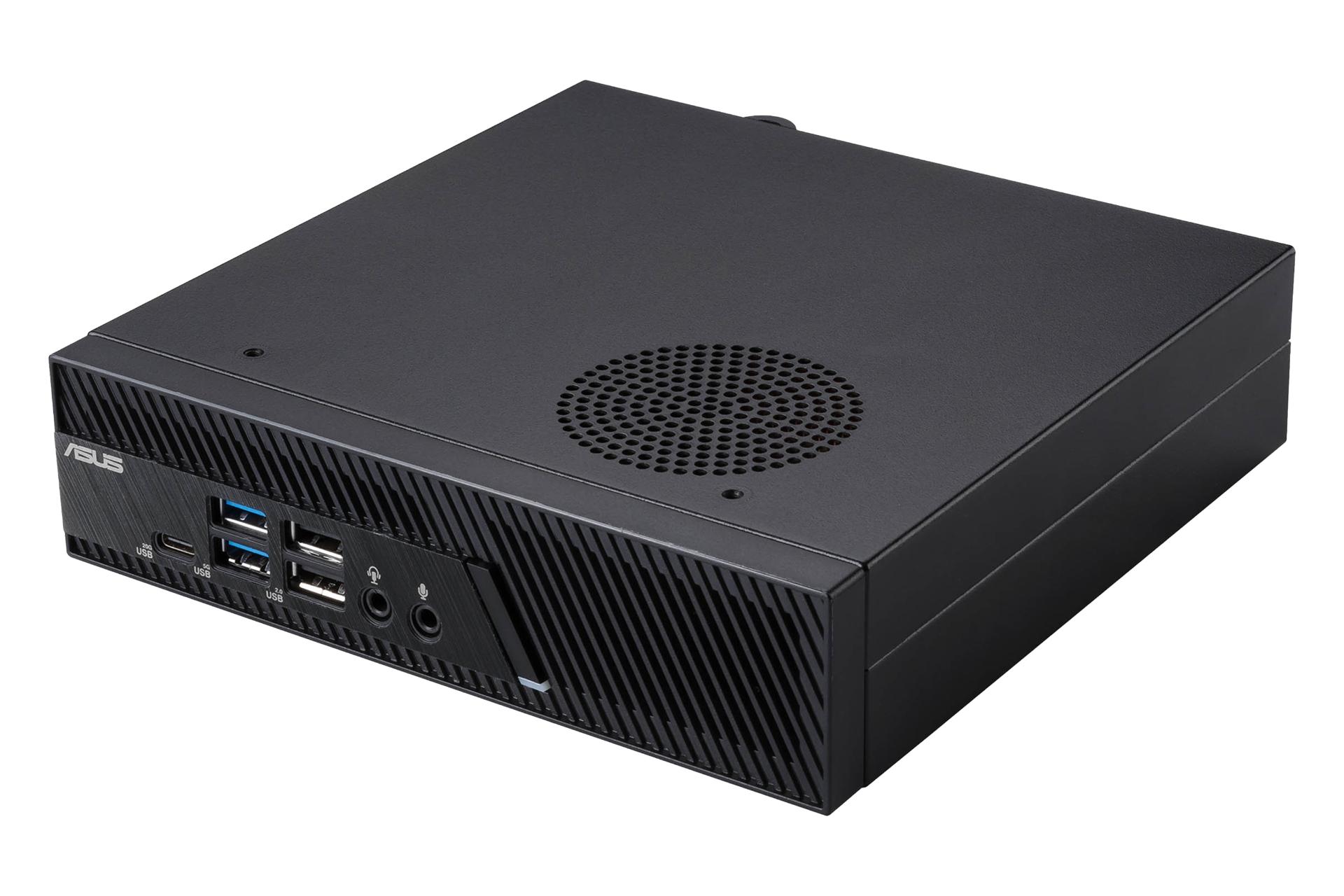 نمای نیمرخ کامپیوتر کوچک PB63 ایسوس / ASUS PB63 با نمایش لبه سمت راست، پنل بالا و جلو رنگ مشکی