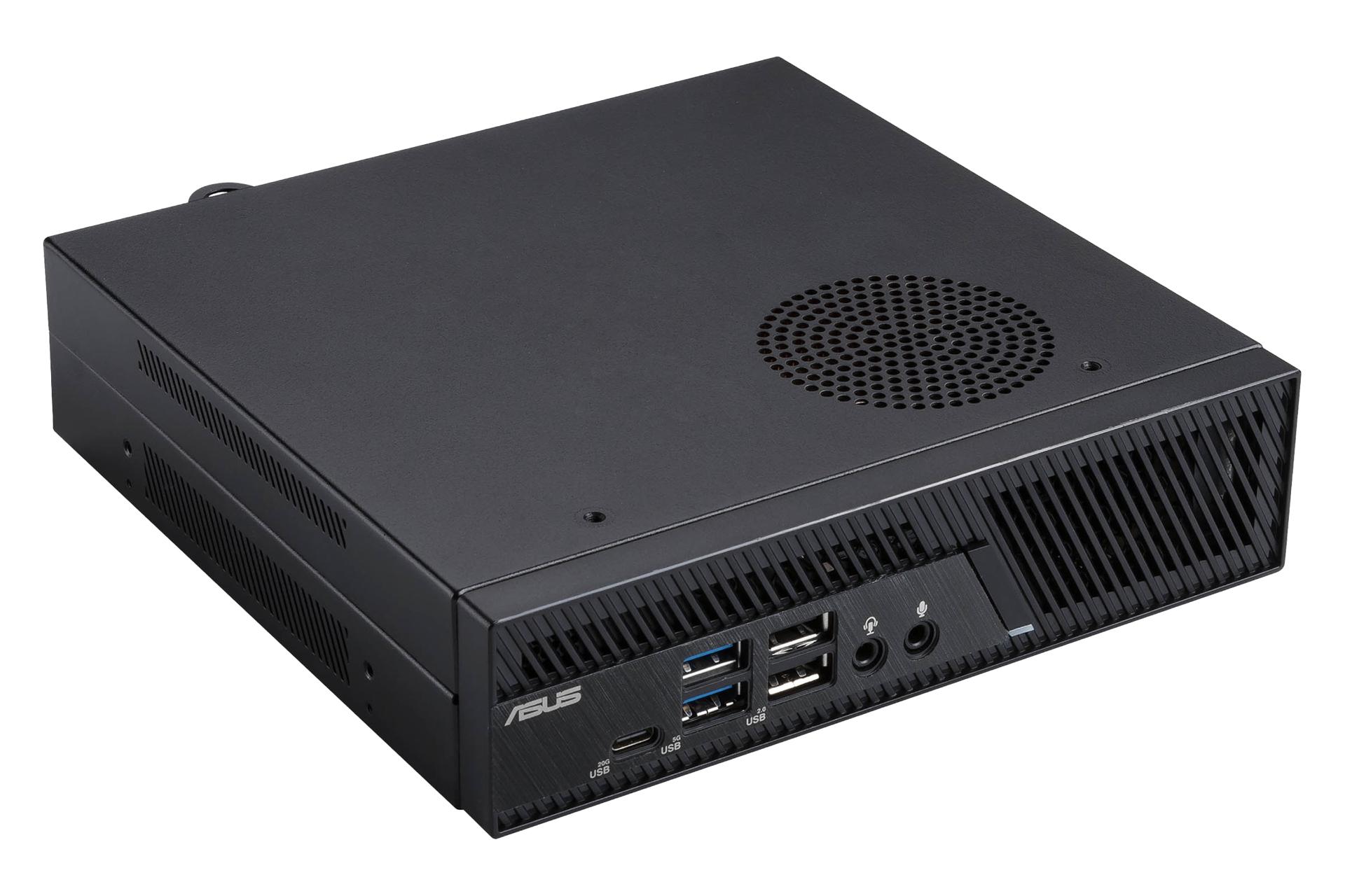 نمای نیمرخ کامپیوتر کوچک PB63 ایسوس / ASUS PB63 با نمایش لبه سمت چپ، پنل بالا و جلو رنگ مشکی