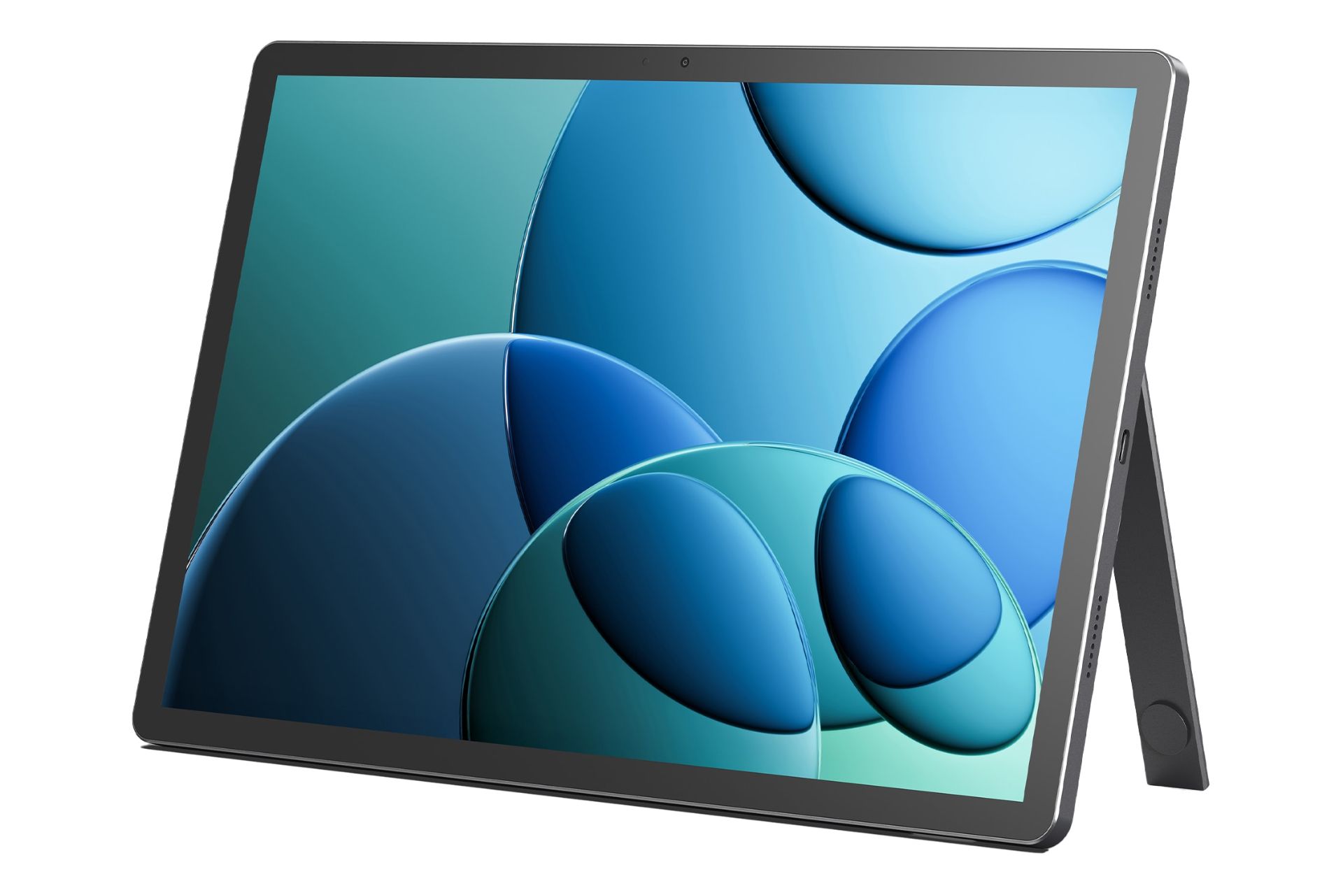 نمای نیمرخ تبلت Iconia X14 ایسر / Acer Iconia X14 با نمایش پنل جلو، لبه کناری و کیک استند