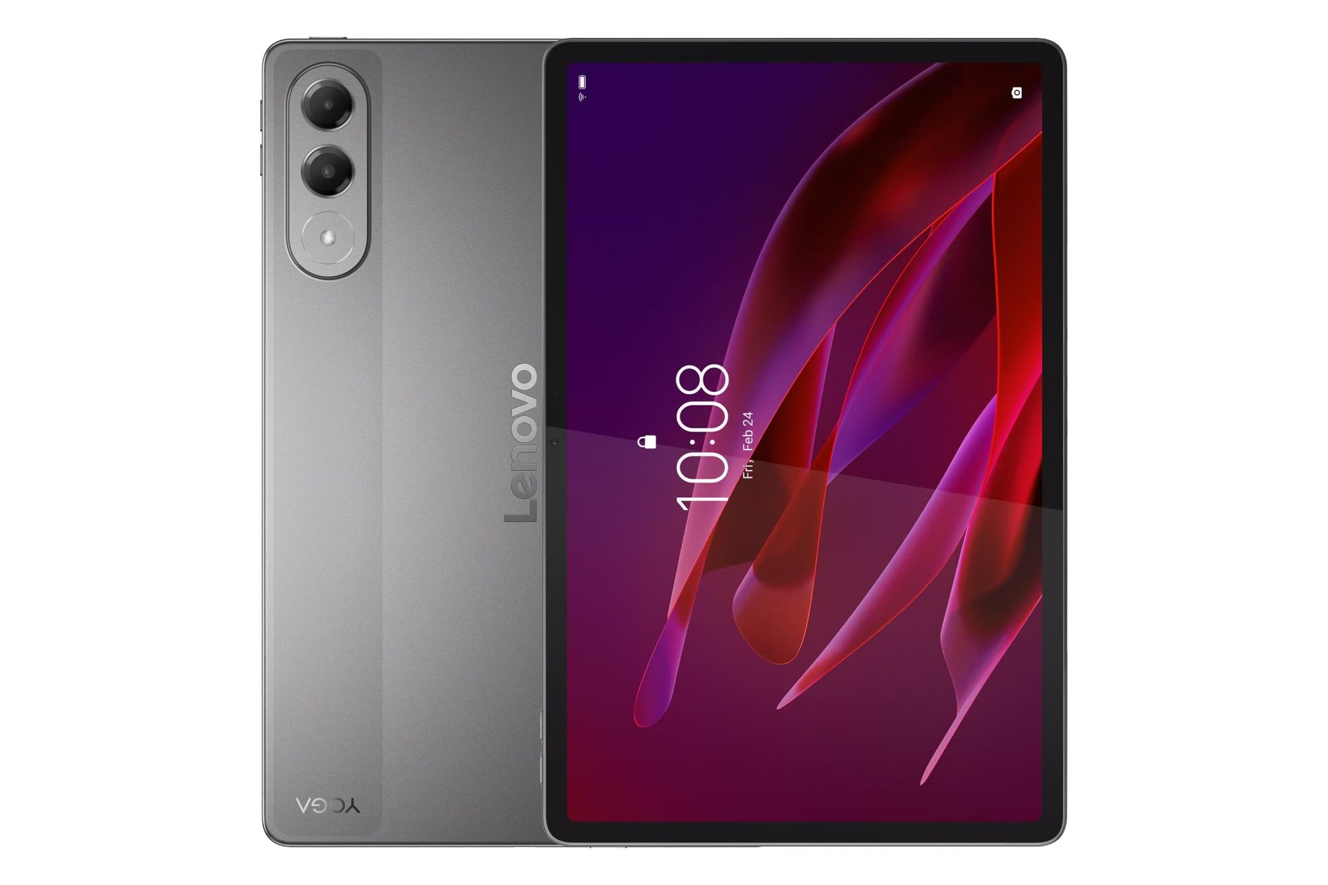 نمای کلی تبلت یوگا تب لنوو / Lenovo Yoga Tab با نمایشگر روشن و نمایش لوگو و دوربین پنل پشت