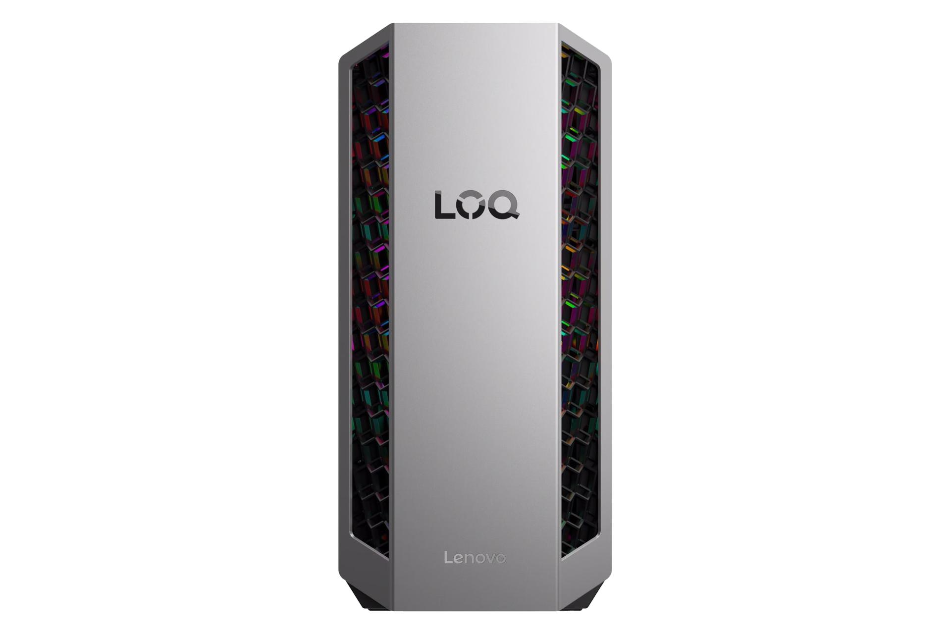 نمای پنل جلوی کیس اسمبل شده LOQ Tower 26ADR10 لنوو با نمایش لوگو