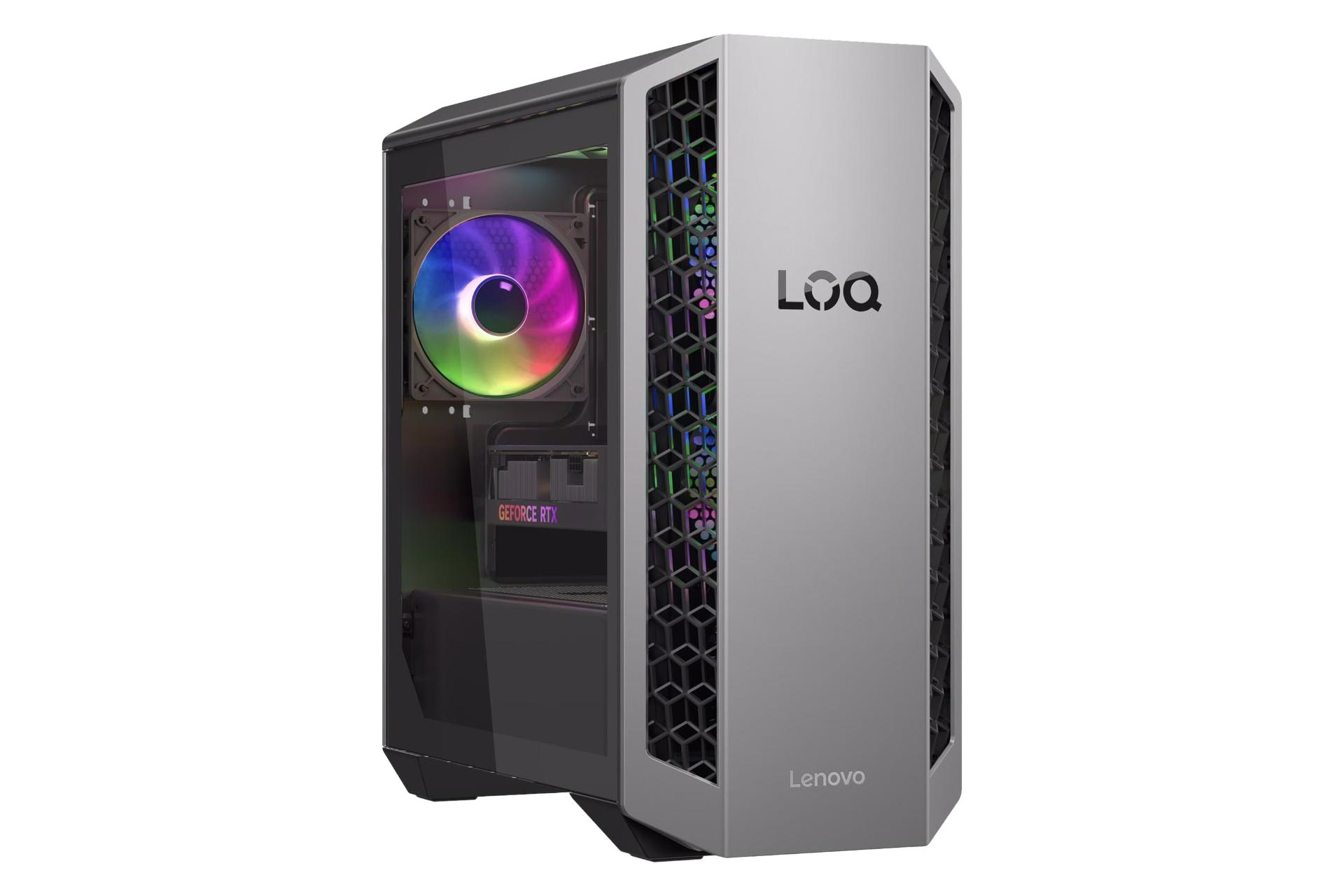 مرجع متخصصين ايران نماي نيمرخ كيس اسمبل شده LOQ Tower 26ADR10 لنوو با نمايش پنل جلو و سمت چپ