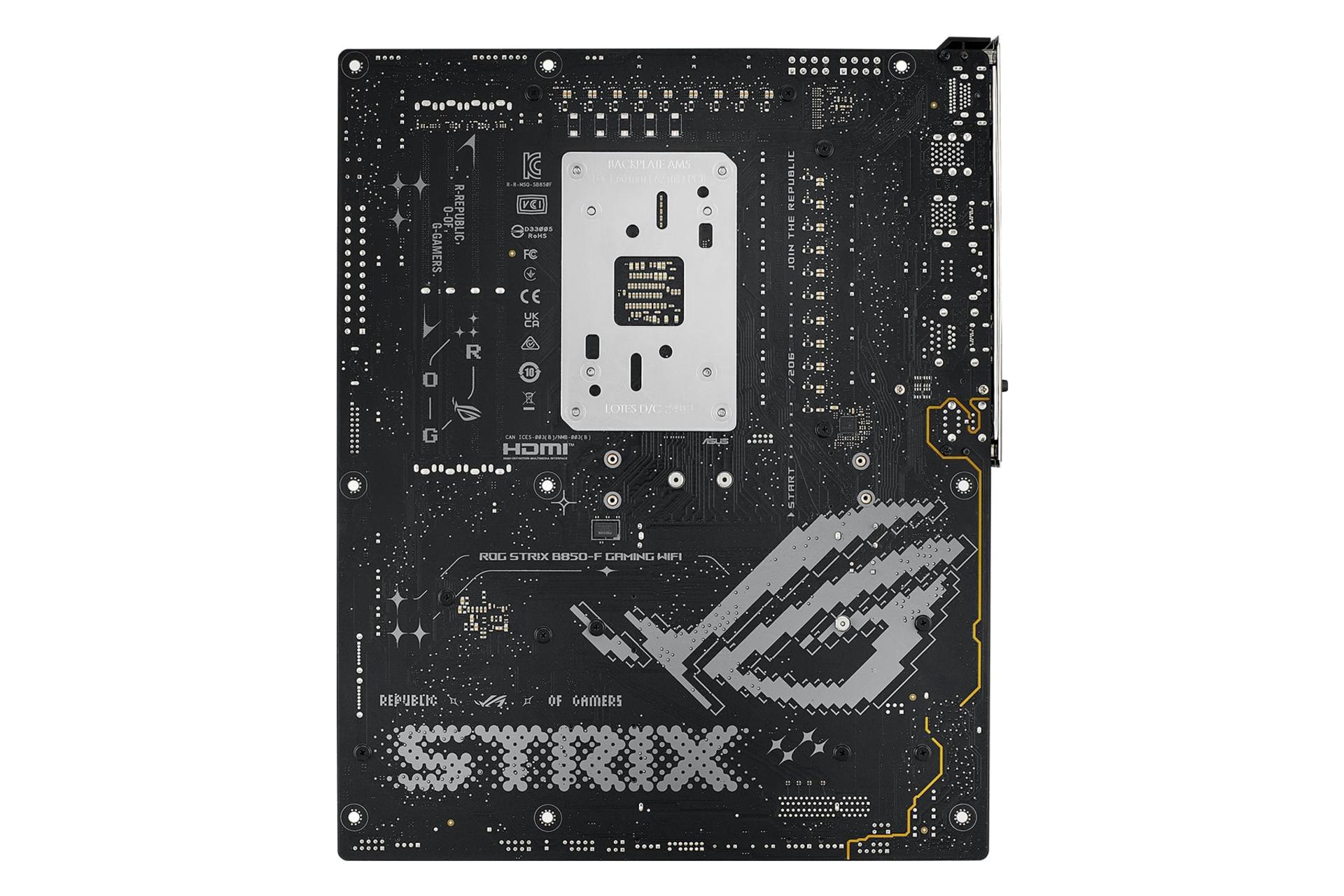 نمای پنل پشت مادربرد ایسوس ROG STRIX B850-F GAMING WIFI با نمایش لوگو