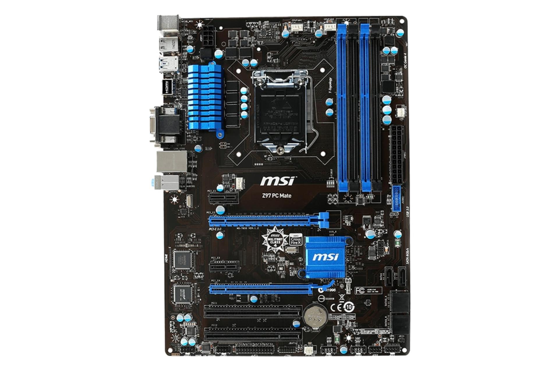 نمای روبه‌روی مادربرد ام اس آی Z97 PC Mate با نمایش اسلات‌ها و لوگو