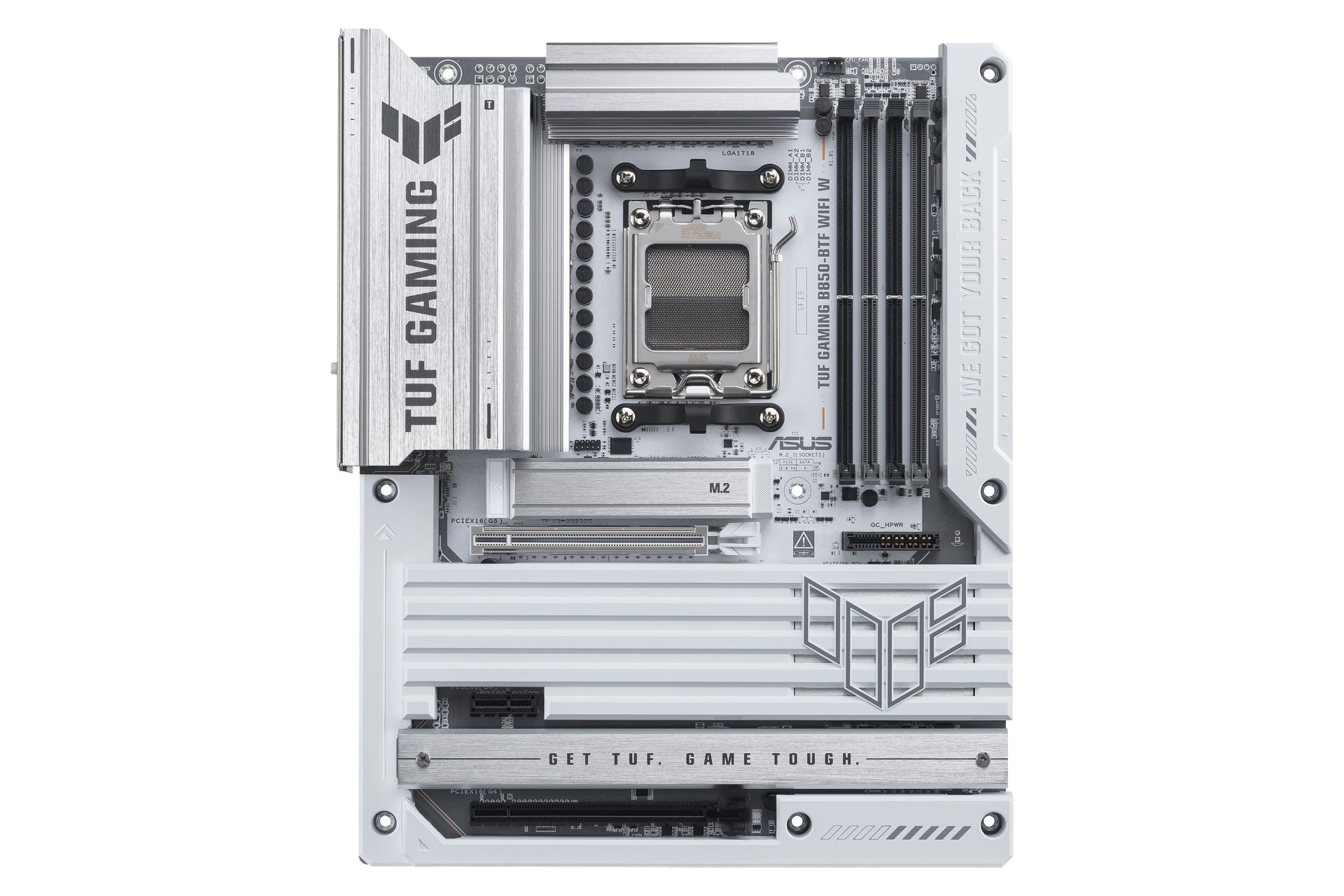 نمای جلوی مادربرد ایسوس TUF GAMING B850-BTF WIFI W با نمایش لوگو، هیت سینک و اسلات‌ها