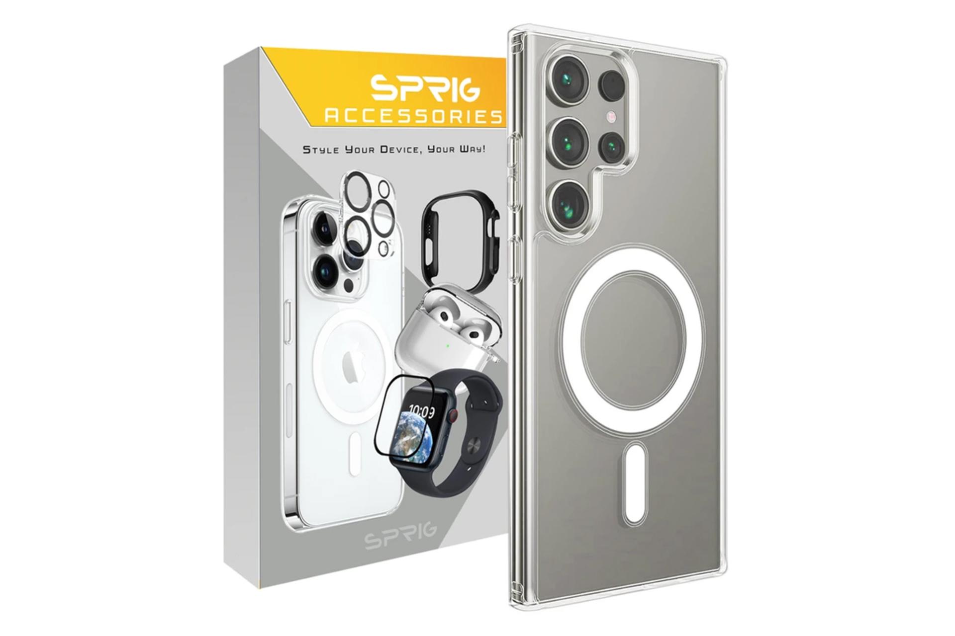 جعبه قاب گوشی اسپریگ مدل Magsafe Full Ring مناسب سامسونگ Galaxy S25 Ultra همراه با محافظ لنز و صفحه نمایش