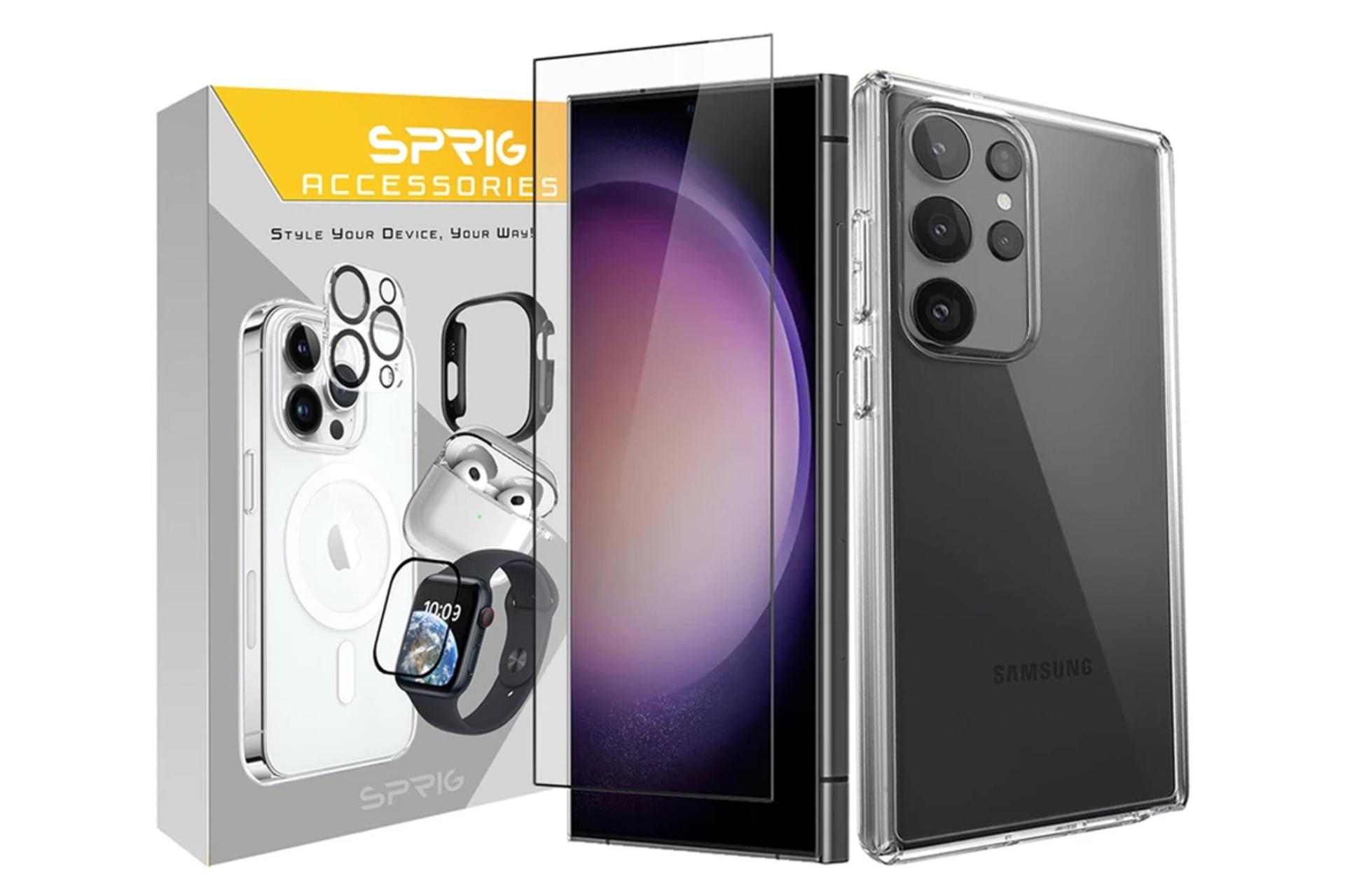 جعبه قاب گوشی اسپریگ مدل Clear مناسب سامسونگ Galaxy S24 Ultra همراه با محافظ صفحه نمایش