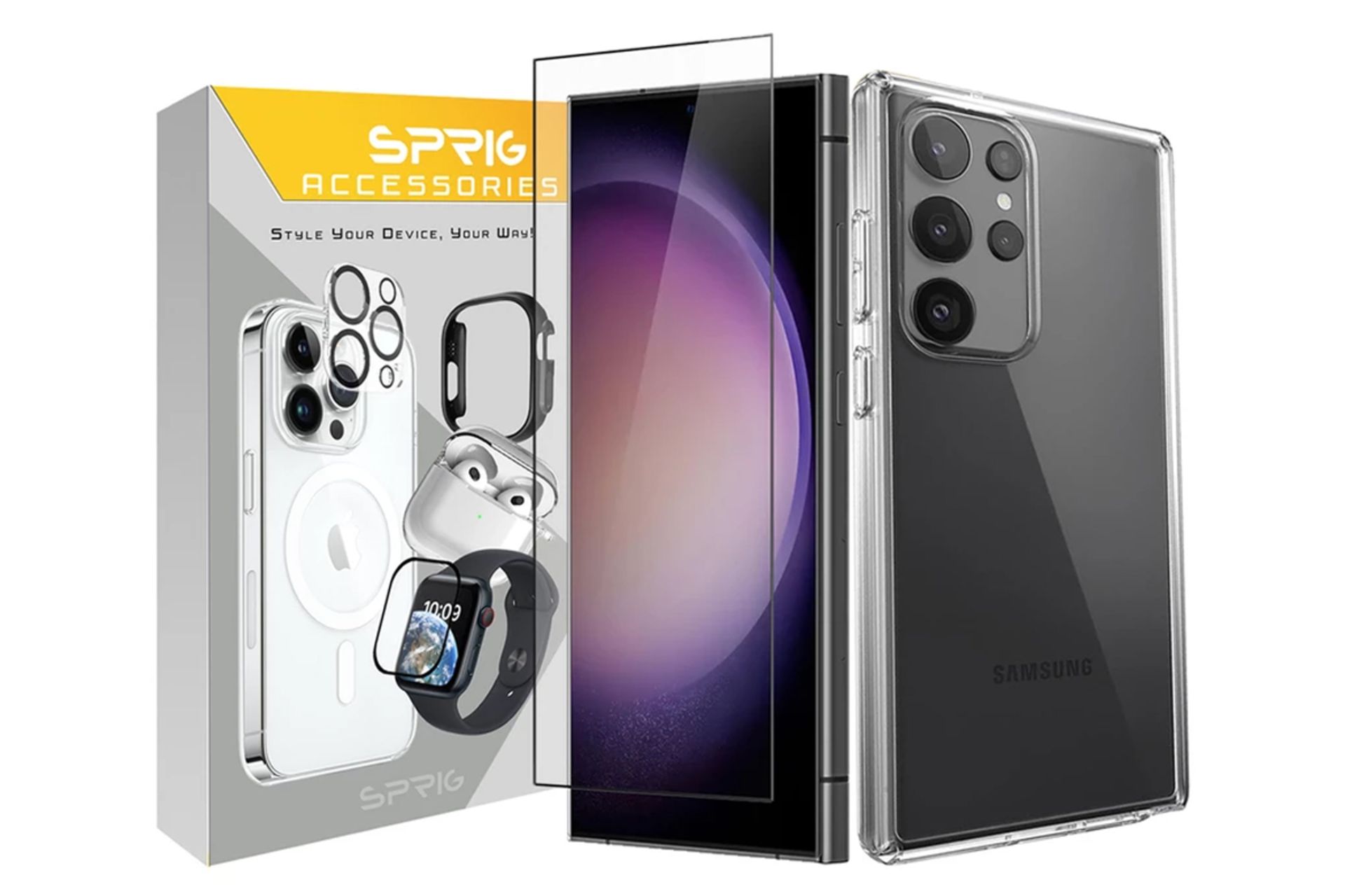 جعبه قاب گوشی اسپریگ مدل Clear مناسب سامسونگ Galaxy S24 Ultra همراه با محافظ صفحه نمایش