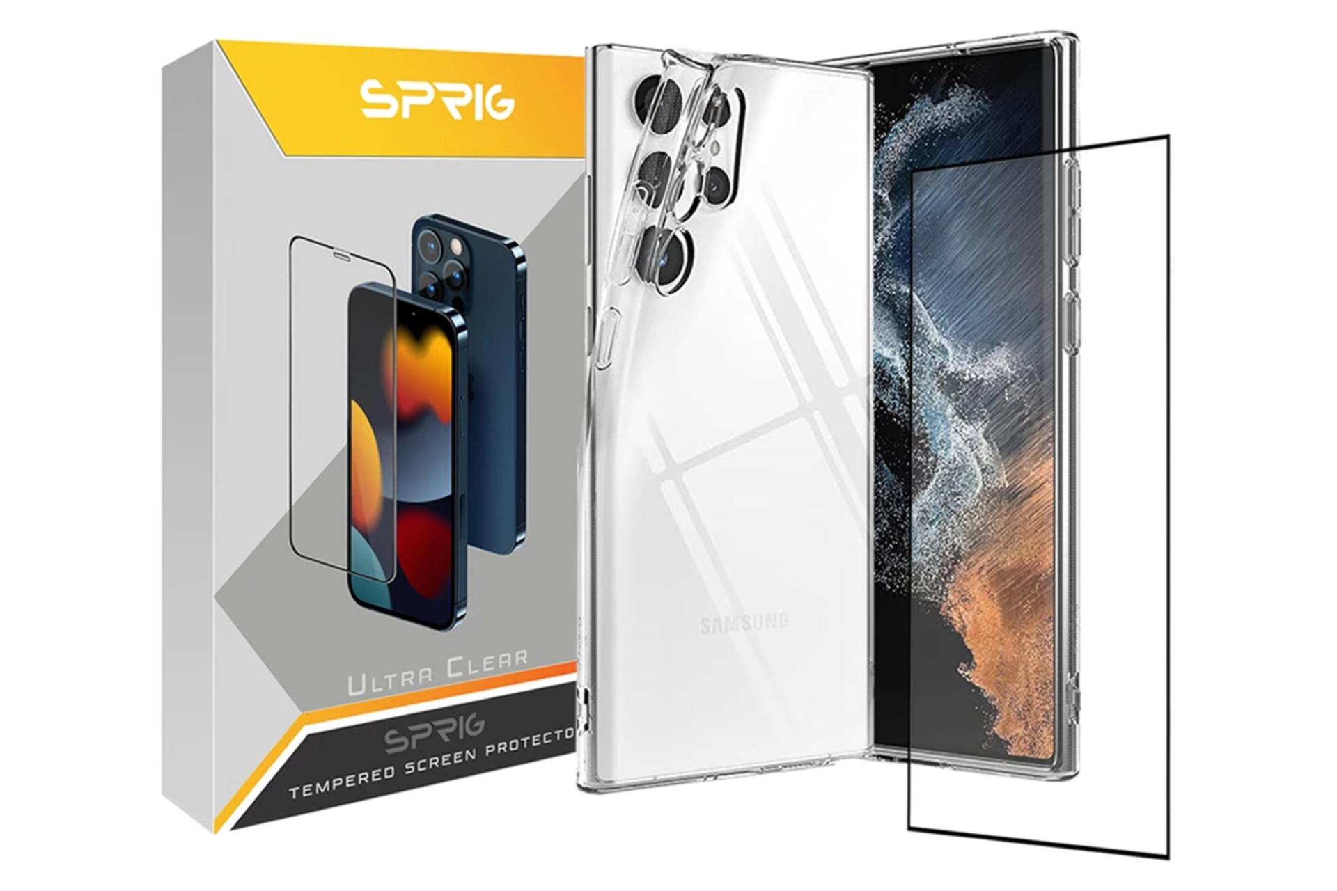 جعبه قاب گوشی اسپریگ مدل Clear-FU مناسب سامسونگ Galaxy S22 Ultra همراه با محافظ صفحه نمایش