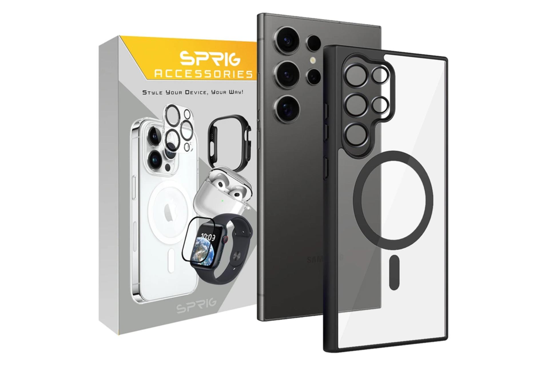 جعبه قاب گوشی اسپریگ مدل Border Magsafe Ring Metal مناسب سامسونگ Galaxy S25 Ultra همراه با محافظ لنز